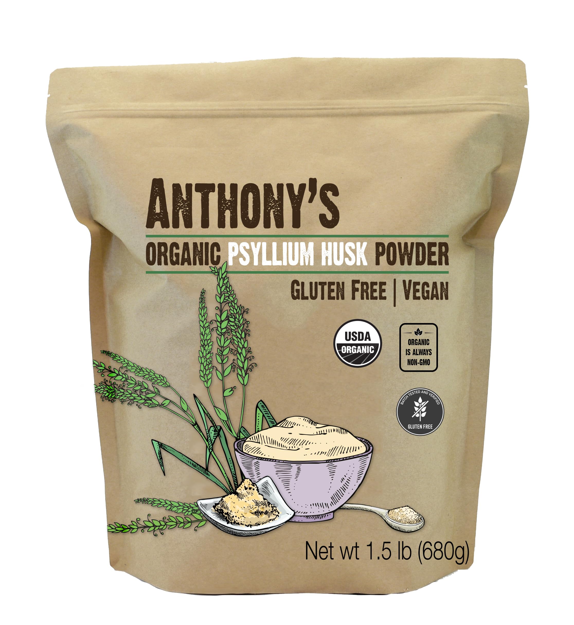 Anthony's Organic Psyllium Husk Powder 1.5 lb – Gluten Free, Non-GMO, Finely Ground