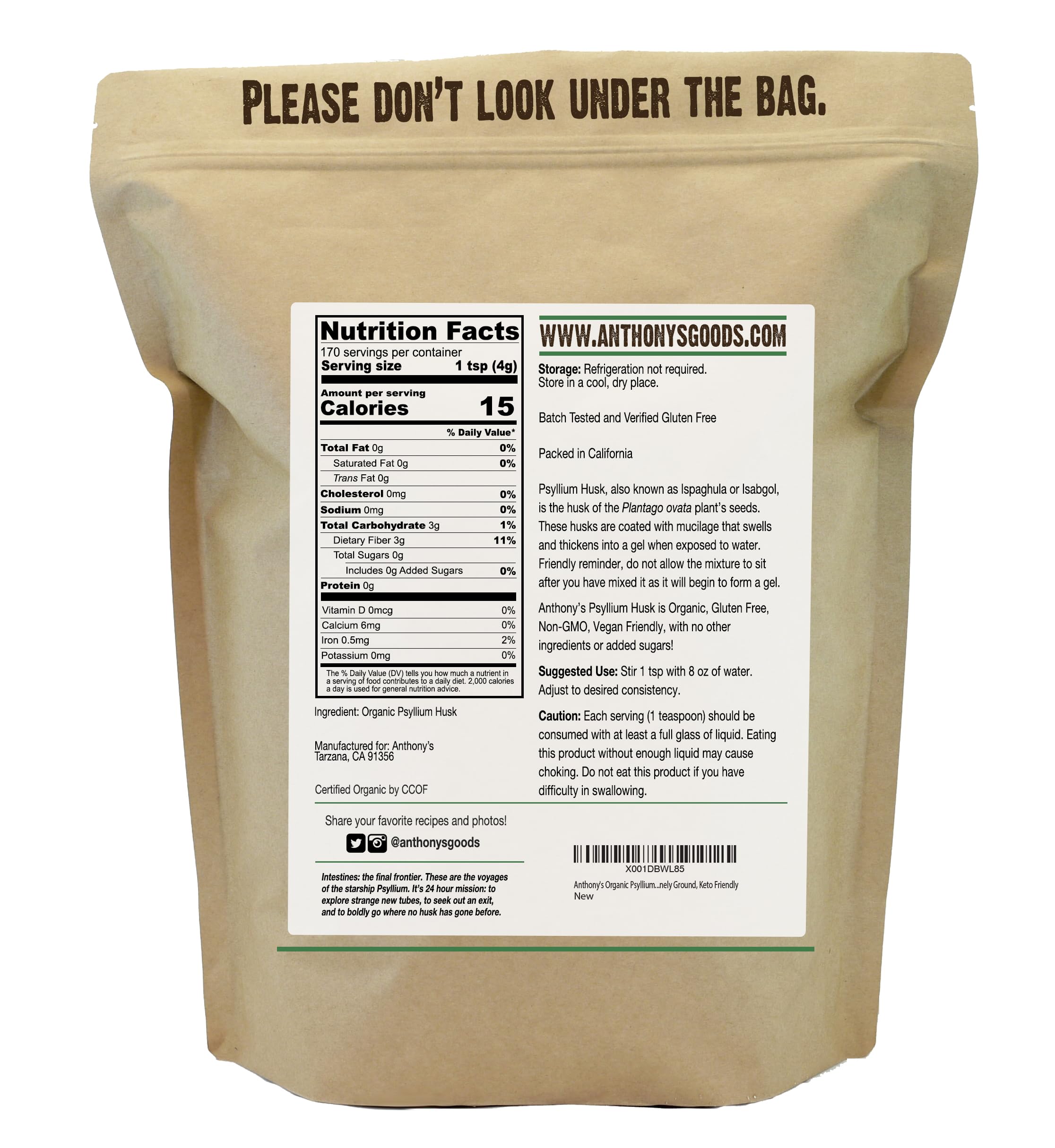 Anthony's Organic Psyllium Husk Powder 1.5 lb – Gluten Free, Non-GMO, Finely Ground