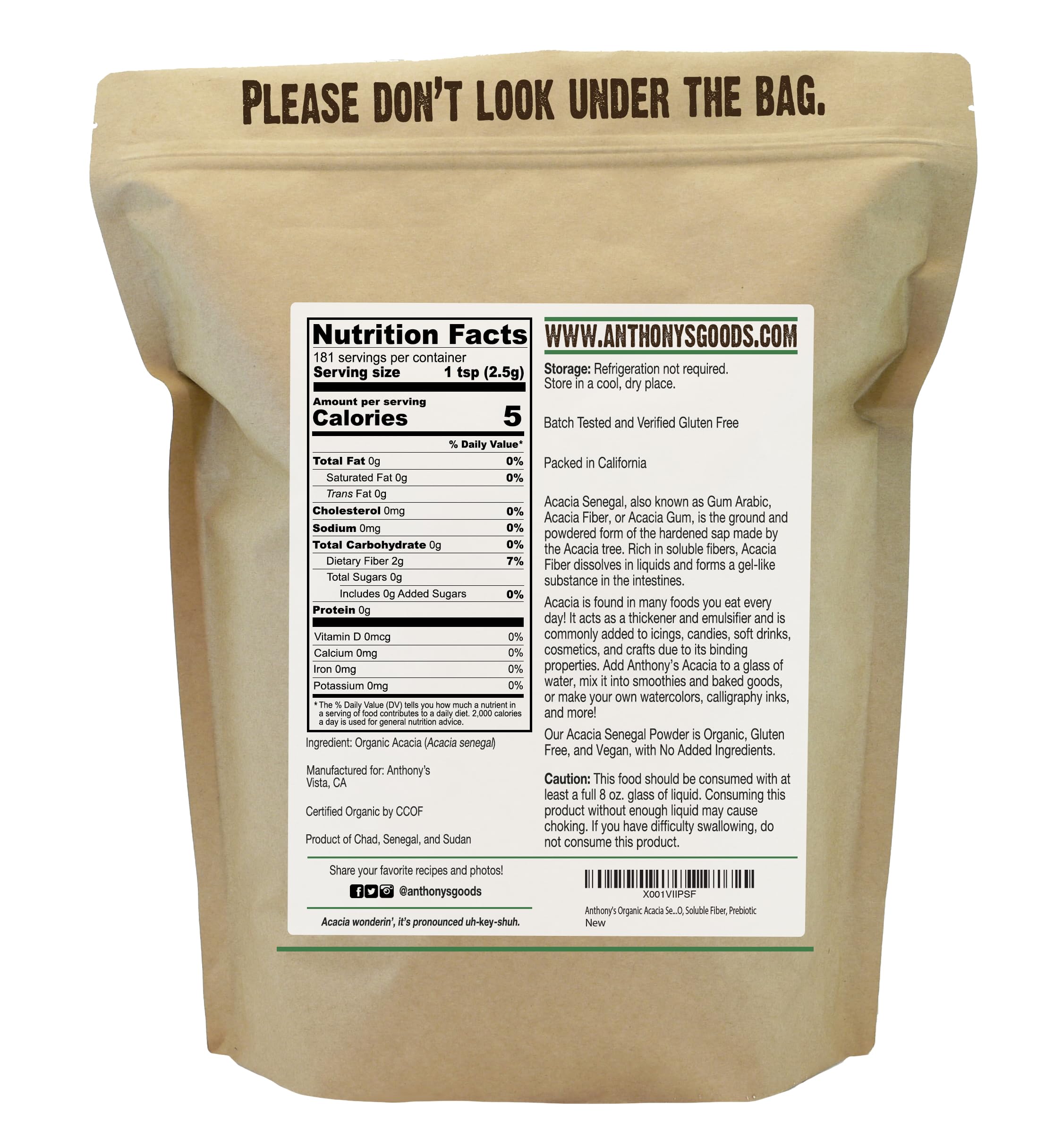 Anthony's Organic Acacia Senegal Powder 1 lb – Gluten Free, Non-GMO, Prebiotic