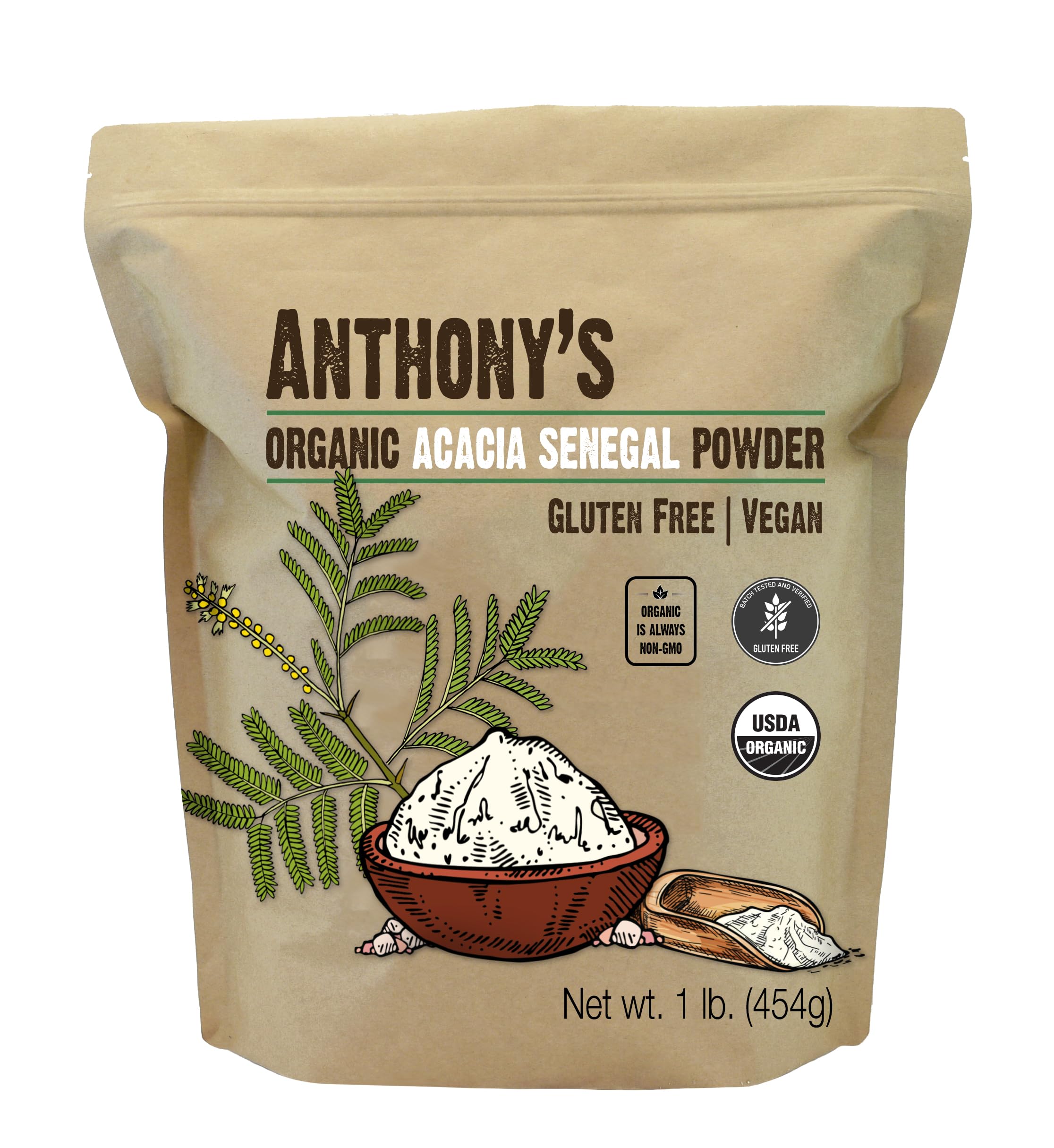 Anthony's Organic Acacia Senegal Powder 1 lb – Gluten Free, Non-GMO, Prebiotic