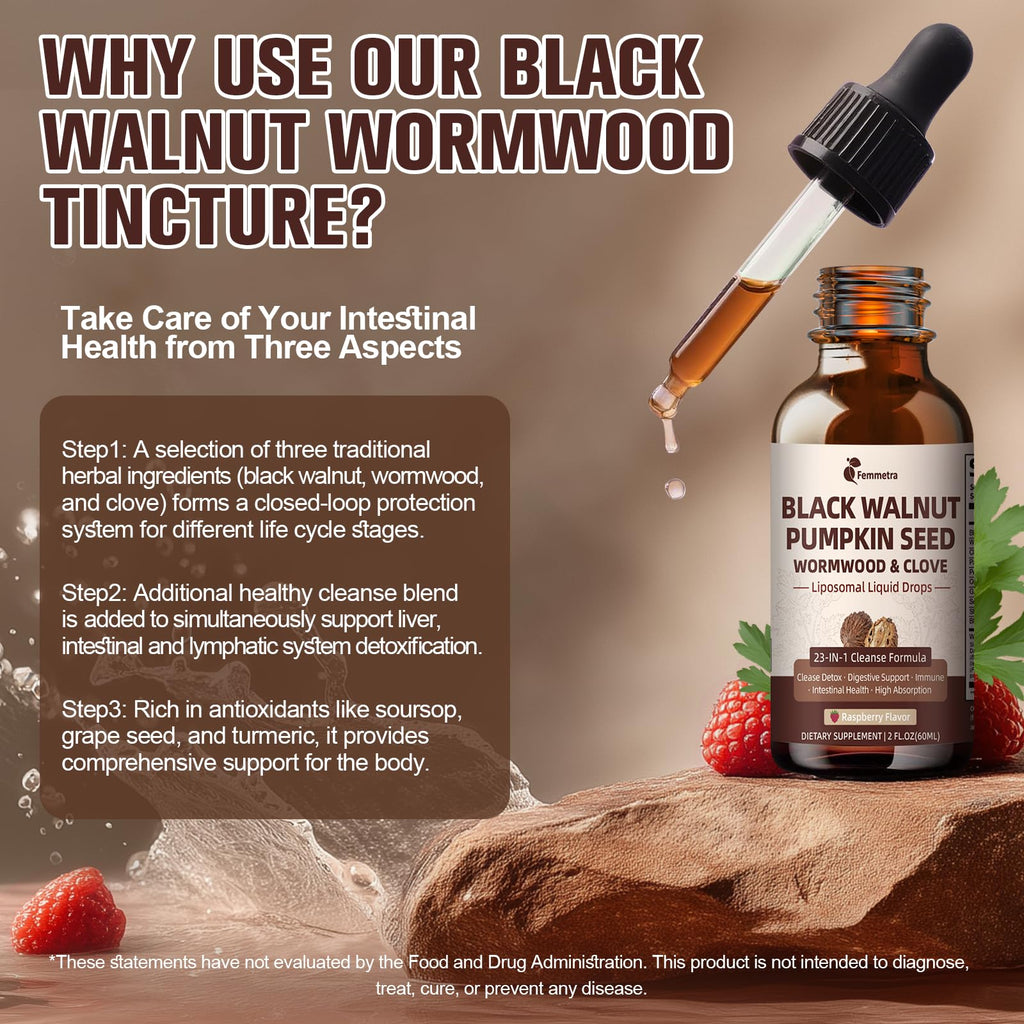 2-Pack Black Walnut Wormwood Clove Cleanse Drops - 23-in-1 Gut Health, Raspberry Flavor, 4 oz