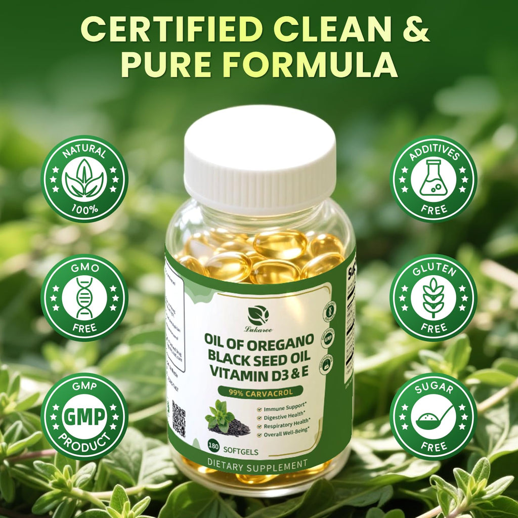 Organic Oregano Oil Capsules + Black Seed Oil | 99% Carvacrol, 180 Softgels