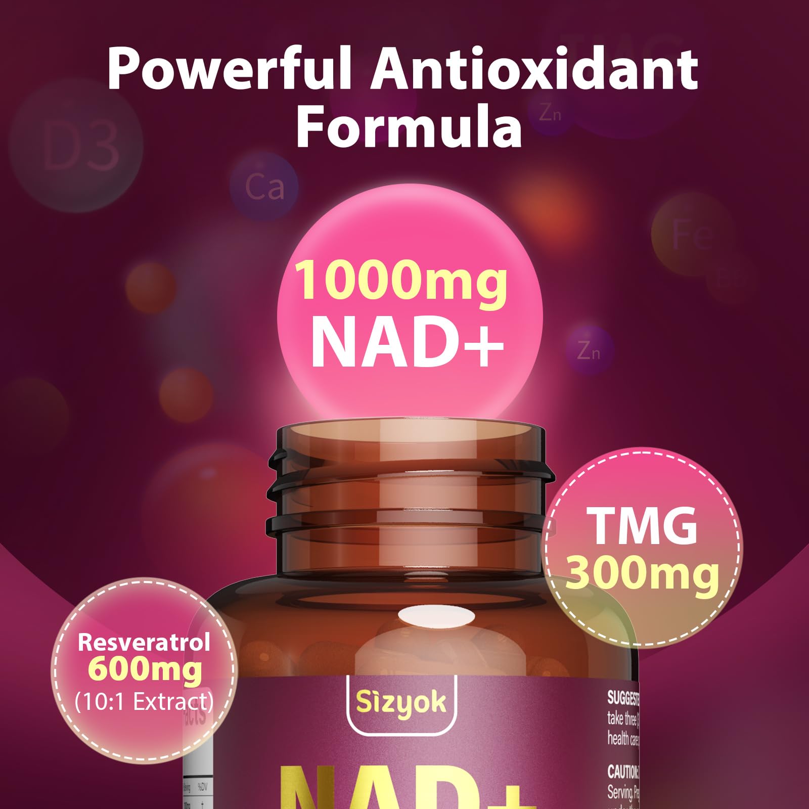 NAD Supplement 1100mg + Resveratrol 600mg | Liposomal NAD+ Capsules with Pterostilbene & Quercetin - Sizyok