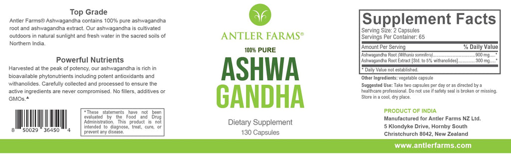 Antler Farms Ashwagandha 130 Capsules | 1200mg, 5% Withanolides