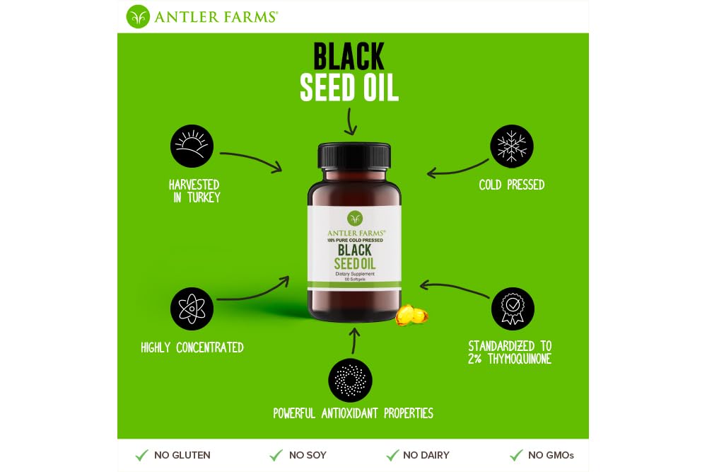 Antler Farms Black Seed Oil Softgel Capsules – 60 Softgels, 500mg, 2% Thymoquinone (Pack of 2)
