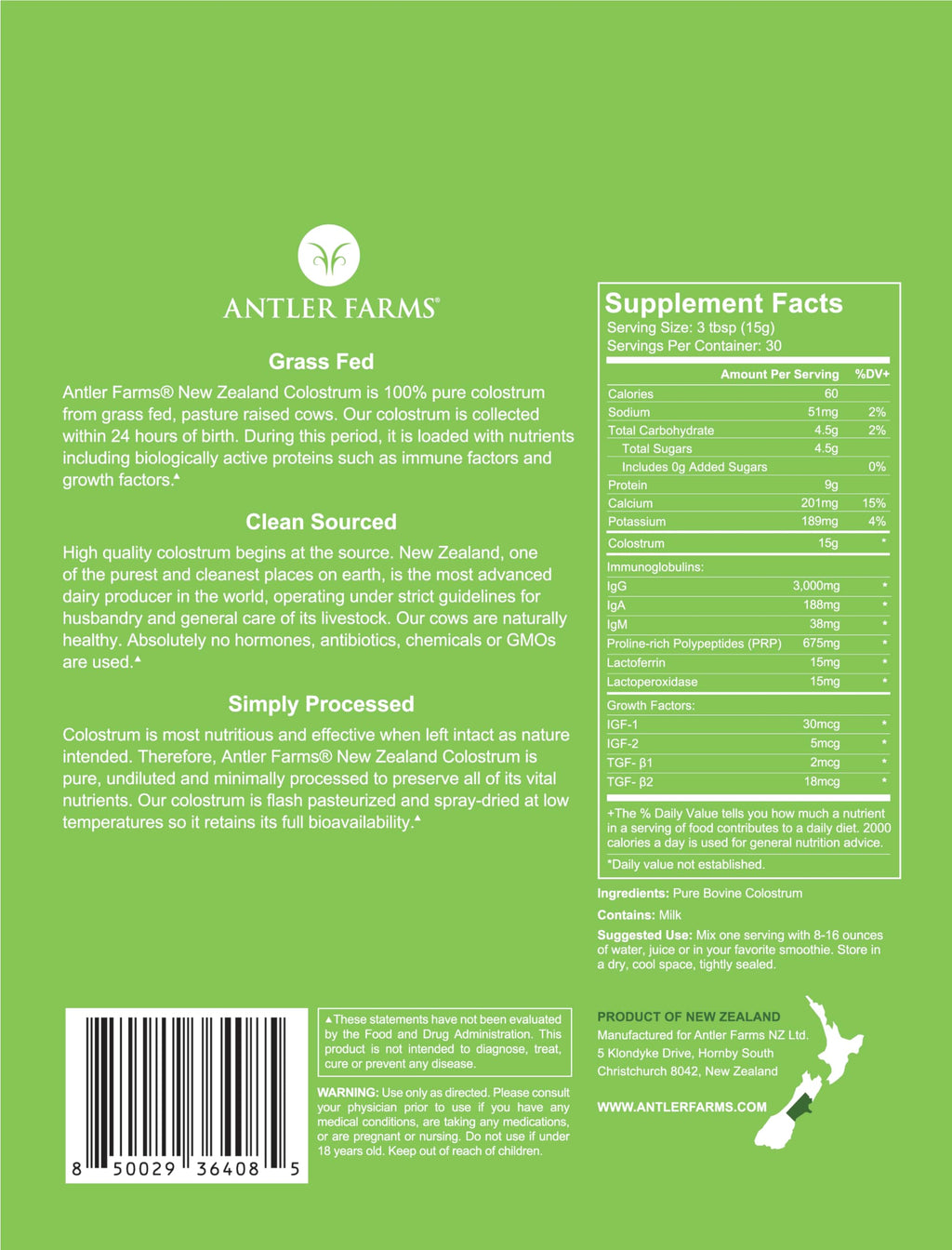 Antler Farms NZ Colostrum – 30 Servings, Grass-Fed, Cold Processed, High IgG, Undiluted