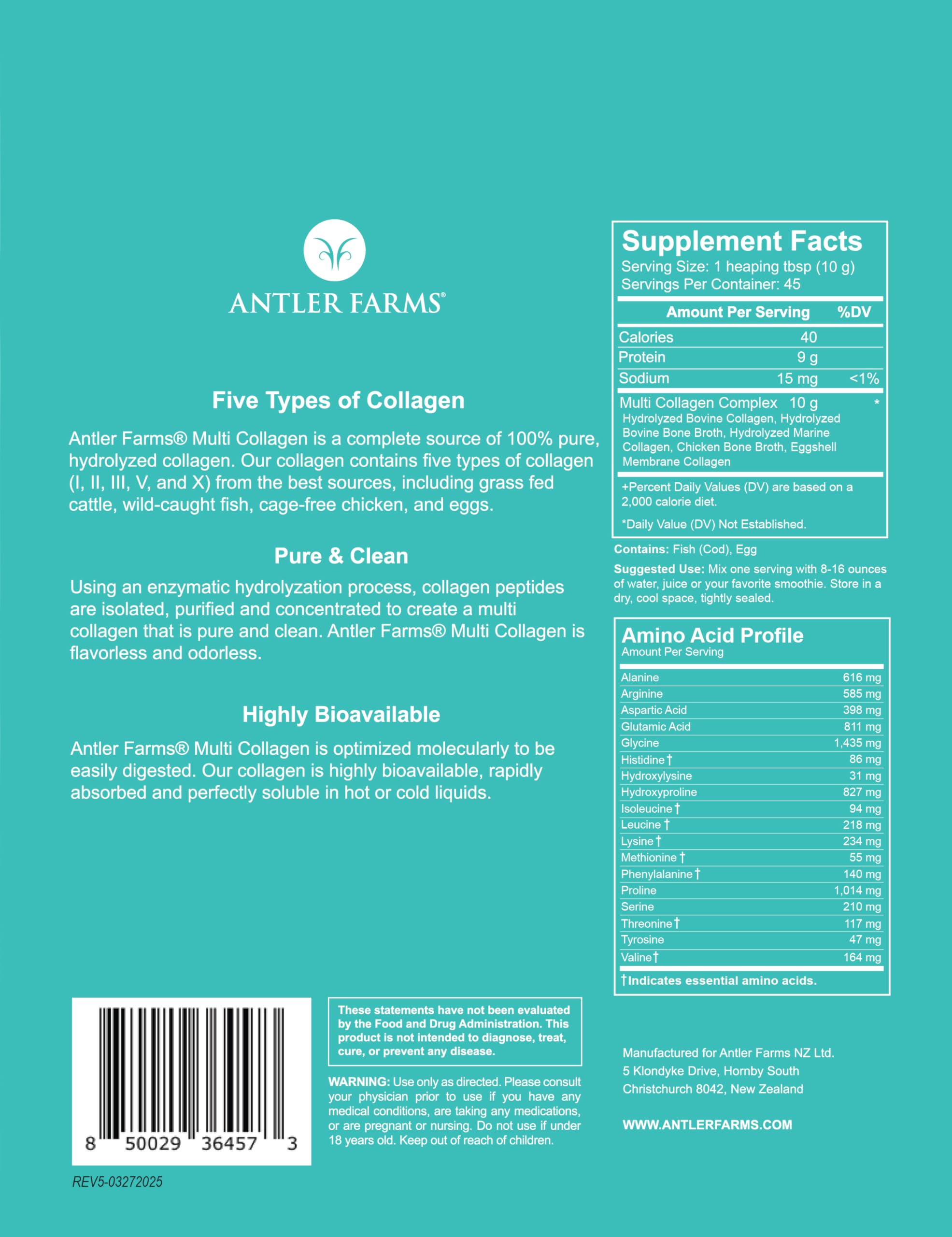 Antler Farms Multi Collagen Protein Powder – 5 Types (I, II, III, V, X) 1 lb