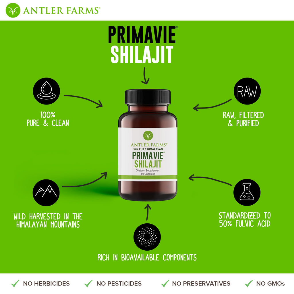 Antler Farms PrimaVie Shilajit for Men – 60 Capsules, 250 mg, 50% Fulvic Acid, Wild-Harvested Himalayan Resin (Pack of 2)