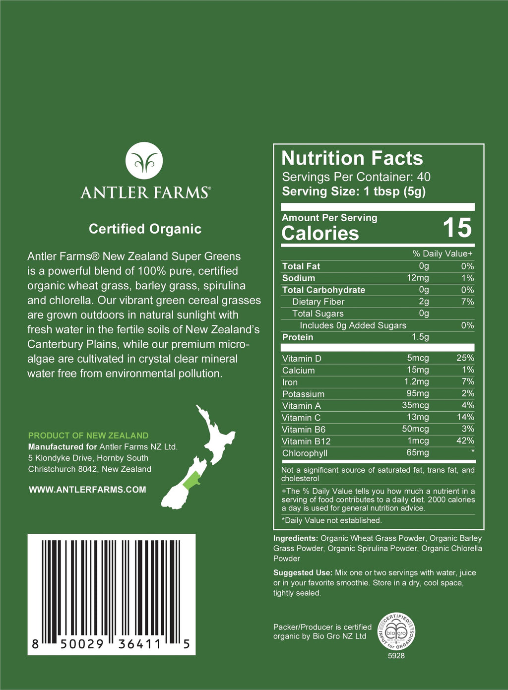 Antler Farms 100% Organic NZ Super Greens Powder – 200g, 40 Servings | Vegan, Gluten Free