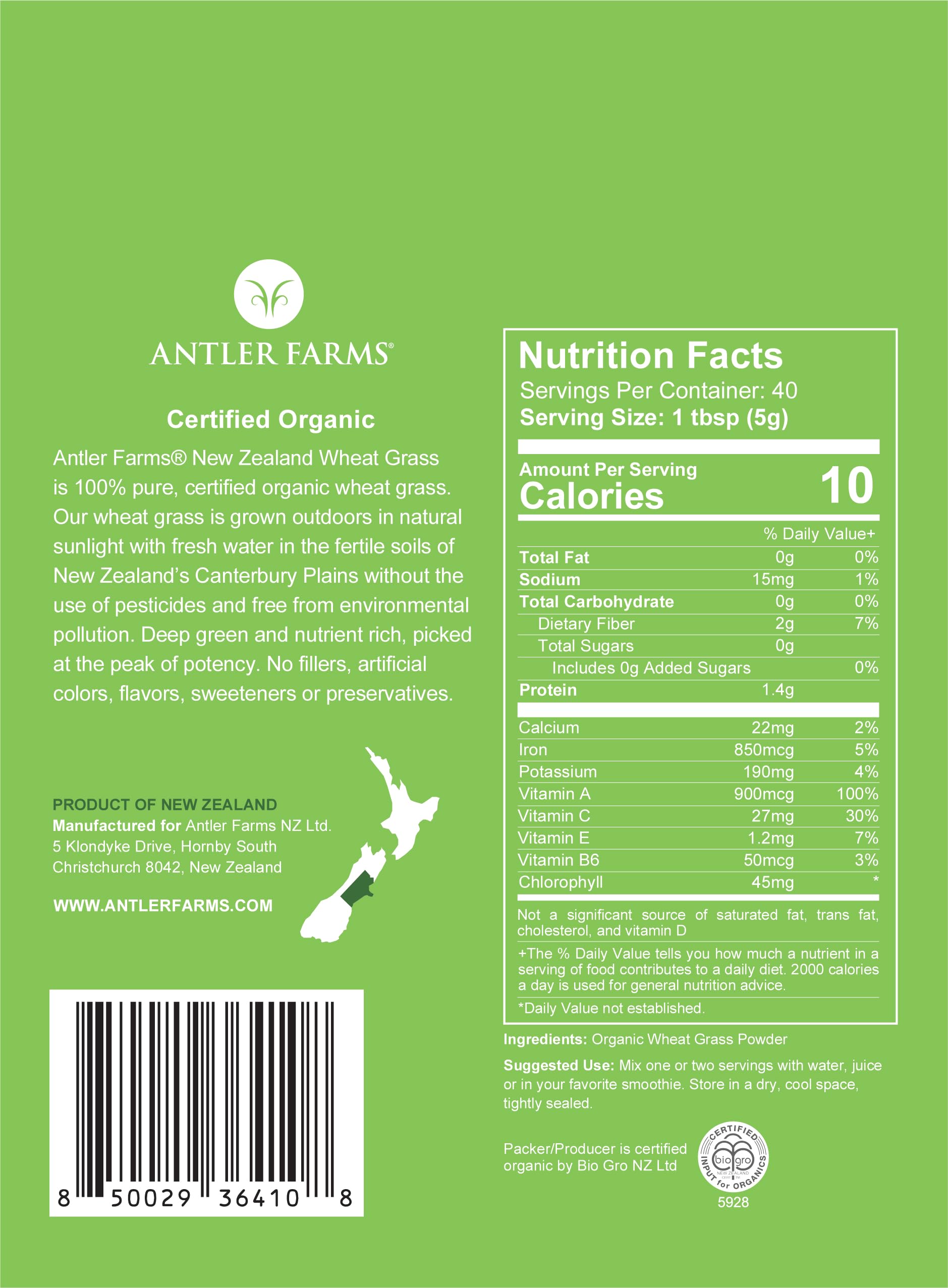 Antler Farms Wheatgrass Powder 200g – 100% Pure Organic NZ, 40 Servings