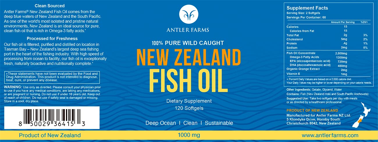 Antler Farms NZ Fish Oil - Pure Wild-Caught Omega-3 EPA+DHA, 120 Softgels