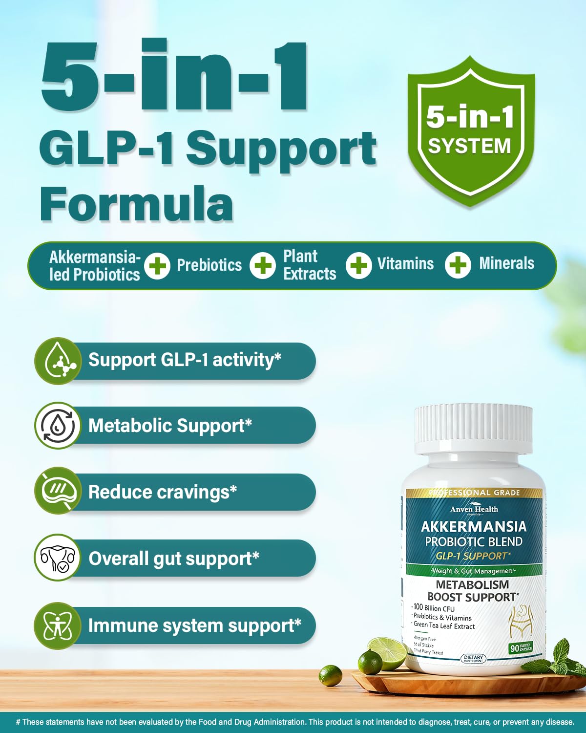 Anven Health GLP-1 Supplement — 100 Billion Akkermansia Probiotic & Prebiotic for Gut Health, Digestion & Metabolism
