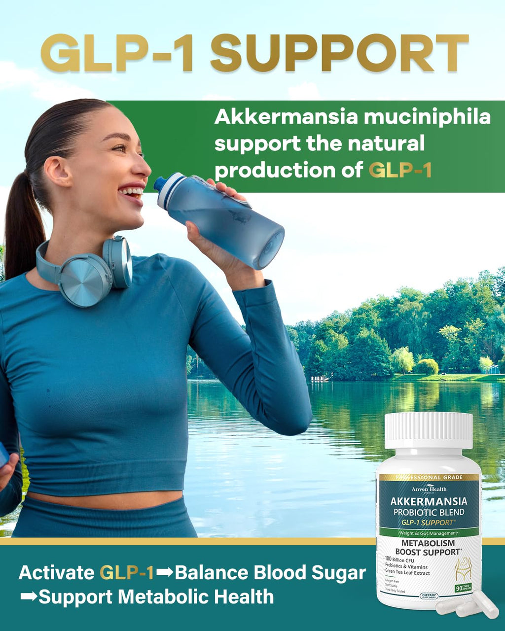 Anven Health GLP-1 Supplement — 100 Billion Akkermansia Probiotic & Prebiotic for Gut Health, Digestion & Metabolism