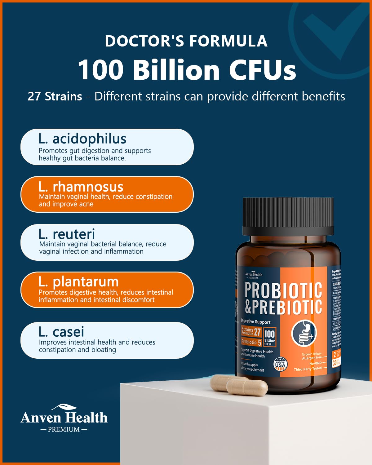 Anven Health 100 Billion Probiotics – 27 Strains, 5 Organic Prebiotics, Gut & Immune Support | Made in USA | 120 Caps