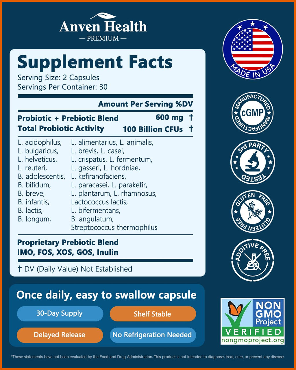 Anven Health 100B Probiotics – 27 Strains, 5 Prebiotics, 60 Caps | Made in USA