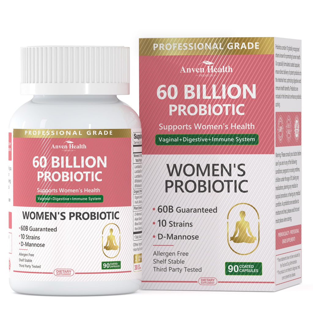 Anven Health Probiotics & Organic Prebiotics for Women – 60 Billion CFU Vaginal Probiotics, Cranberry & D-Mannose | pH Balance & Urinary Health | 90 Caps