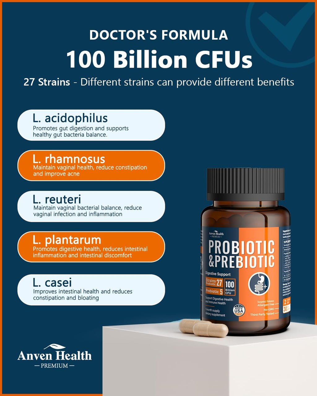 Anven Health 100 Billion Probiotics for Gut, Digestive & Immune Health – 27 Strains + 5 Organic Prebiotics | Made in USA | 180 Caps
