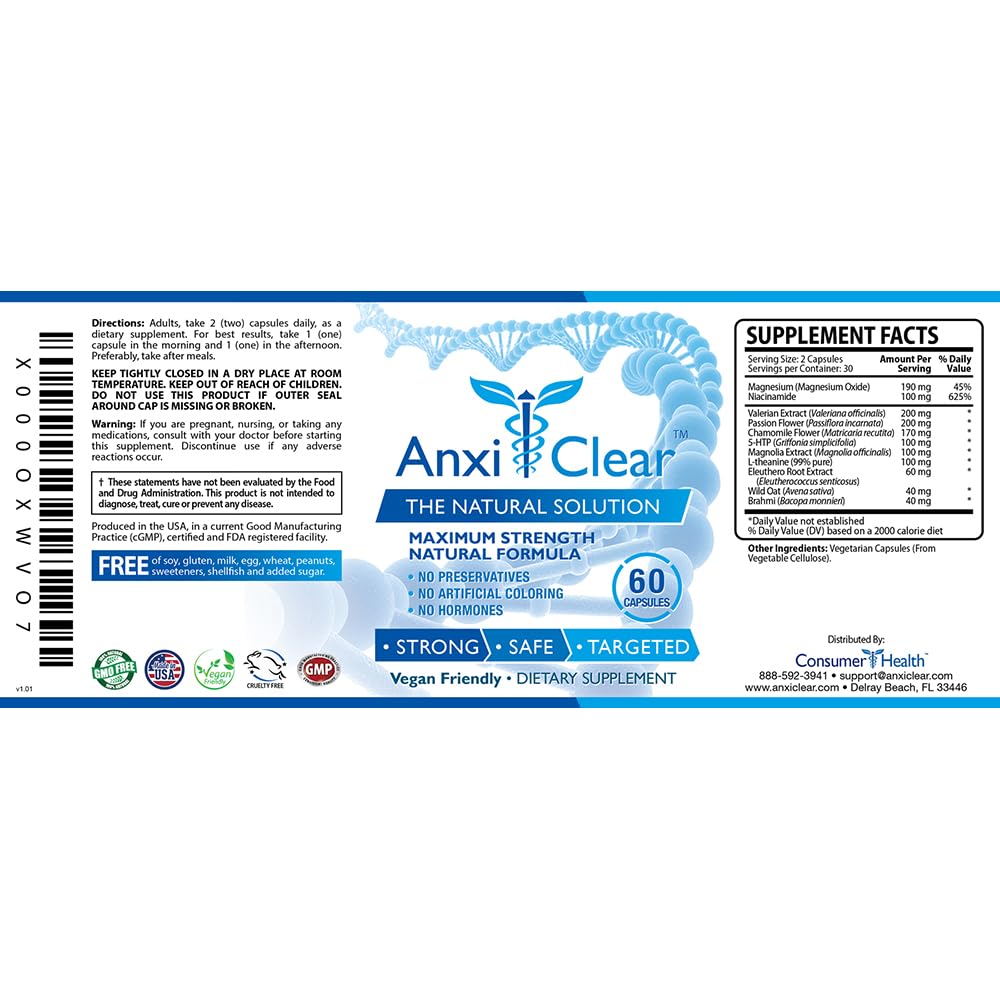 AnxiClear Day Formula – Mood Support with L-Theanine, 5-HTP & Valerian | 60 Capsules | Made in USA