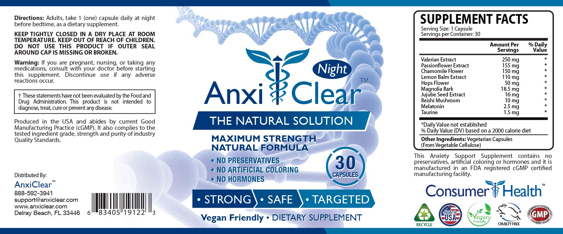 Consumer Health AnxiClear - Boosts Mood, Calms The Mind, Elevates Serotonin Levels - 5-HTP, L-thianine - 2 Day + 2 Night