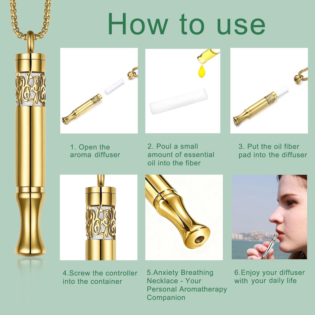 Anxiety Relief Pendant - Mindfulness Breathing Necklace & Essential Oil Diffuser (Gold)