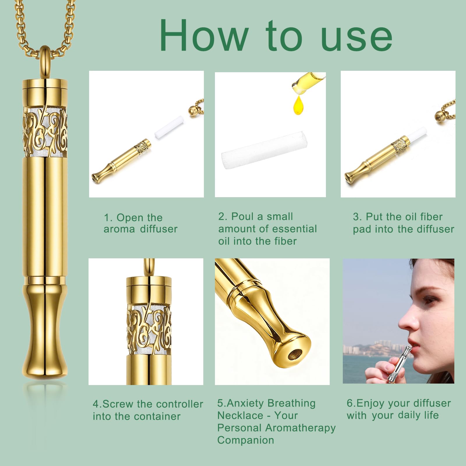 Anxiety Relief Pendant - Mindfulness Breathing Necklace & Essential Oil Diffuser (Gold)