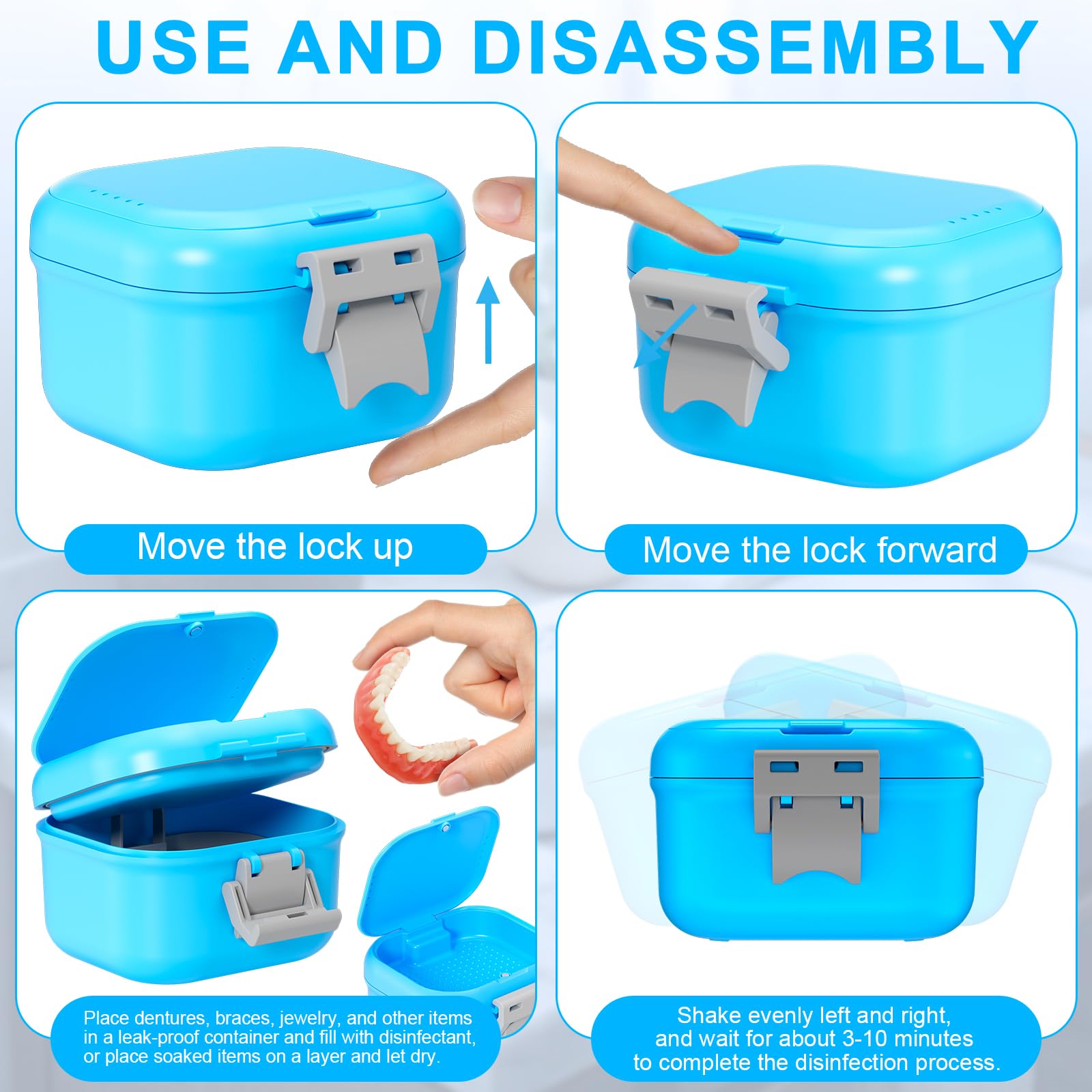 ANYLEY Leak-Proof Denture Case | 250ml Travel Retainer Cleaner Case – Sky Blue & Silver Gray