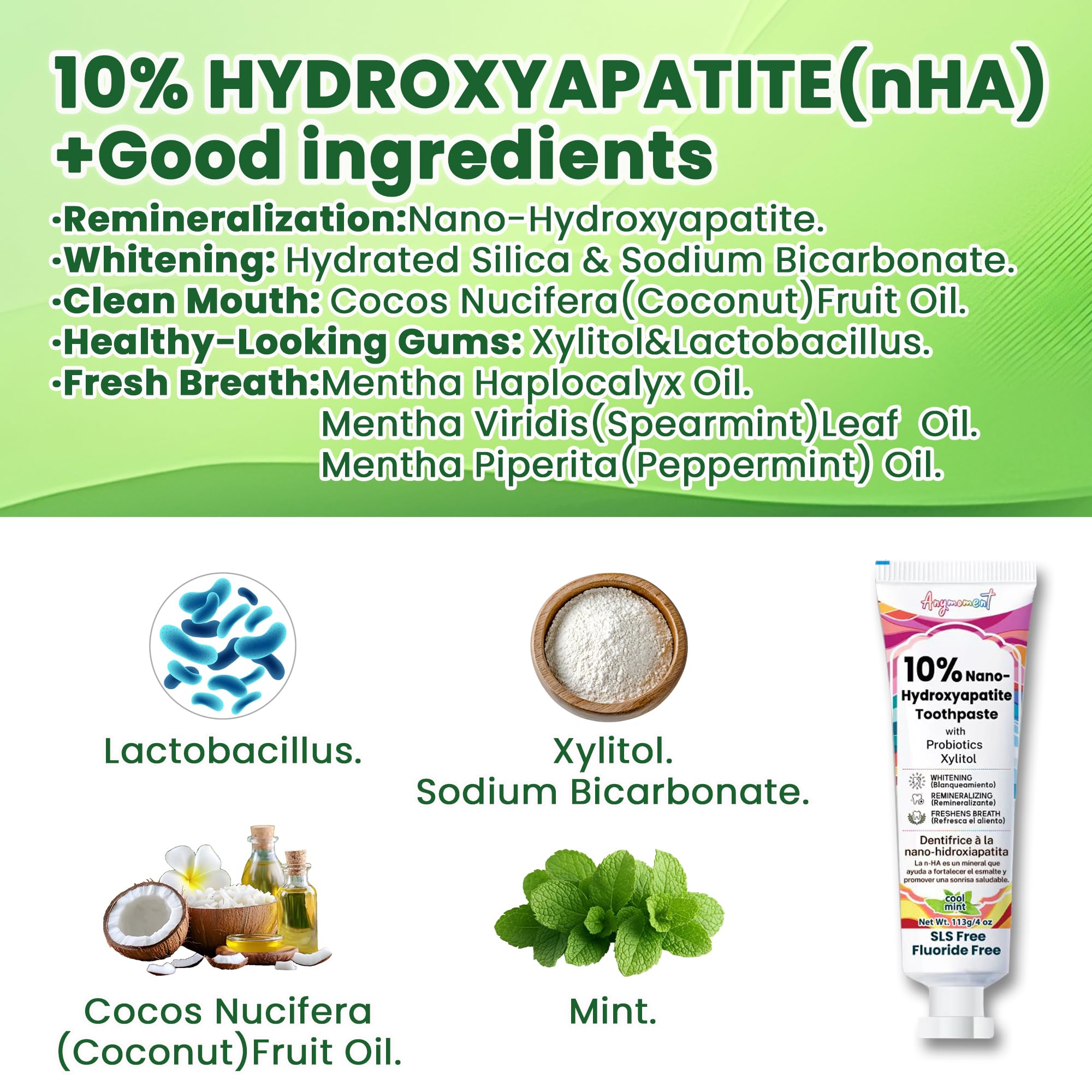 Anymoment 10% Nano Hydroxyapatite Toothpaste – Fluoride Free, Whitening, SLS Free, For Sensitive Teeth (4oz Pack of 2)