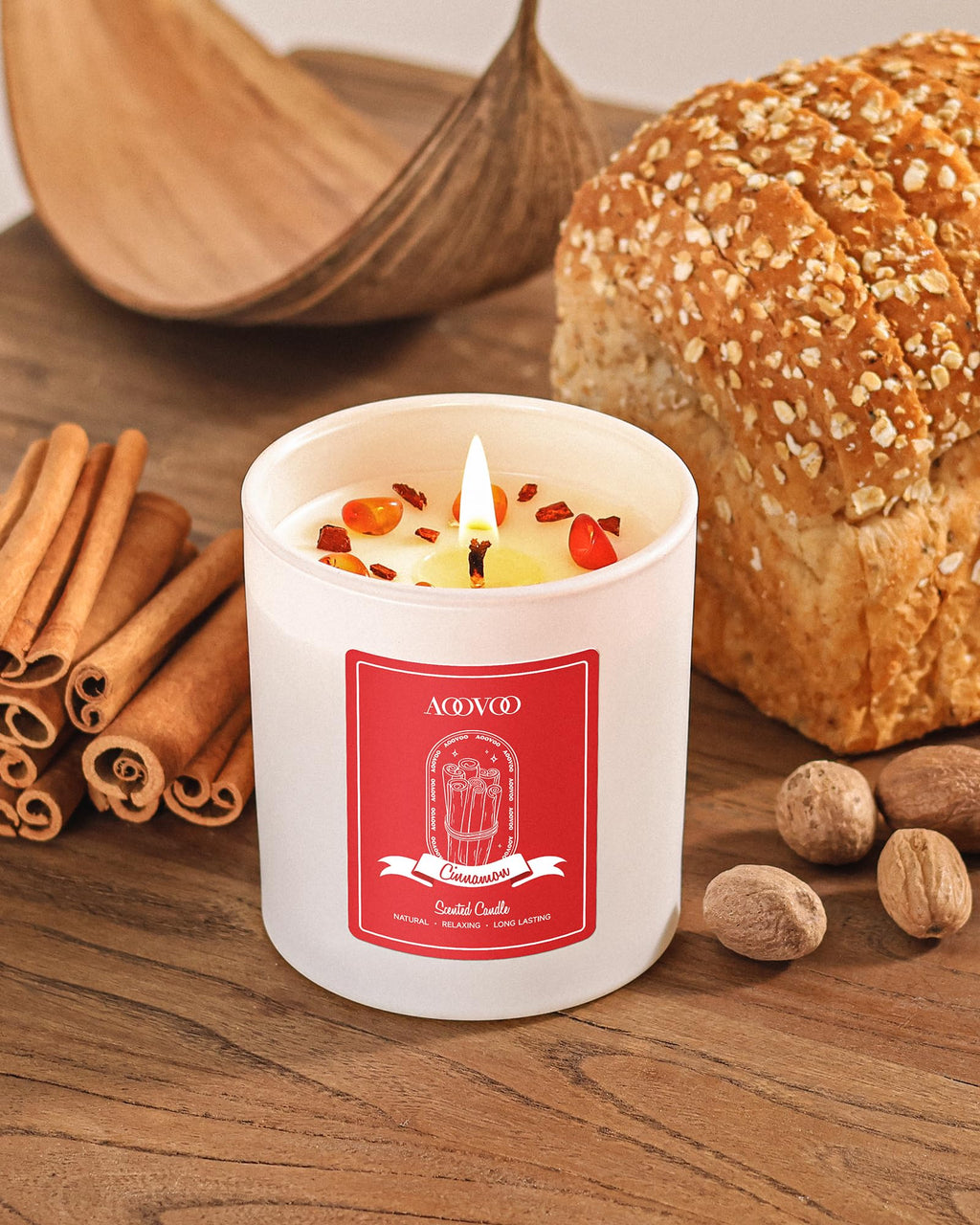 AOOVOO Cinnamon Scented Soy Candle with Crystals – 10oz for Women