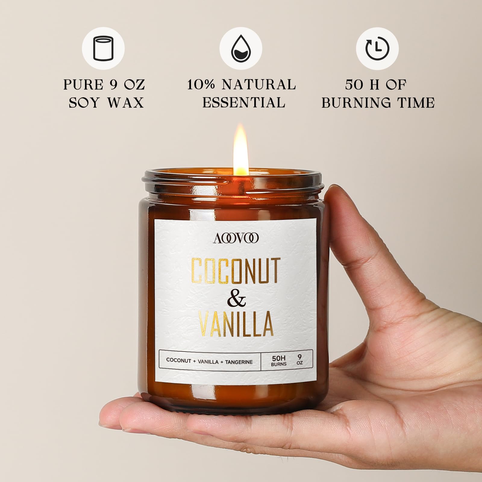 AOOVOO Coconut Vanilla Candles – 9 oz Soy Scented Candle for Home & Aromatherapy