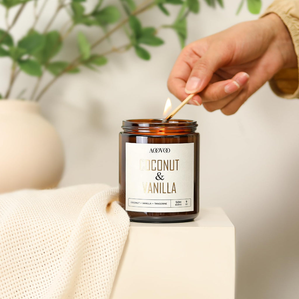 AOOVOO Coconut Vanilla Candles – 9 oz Soy Scented Candle for Home & Aromatherapy