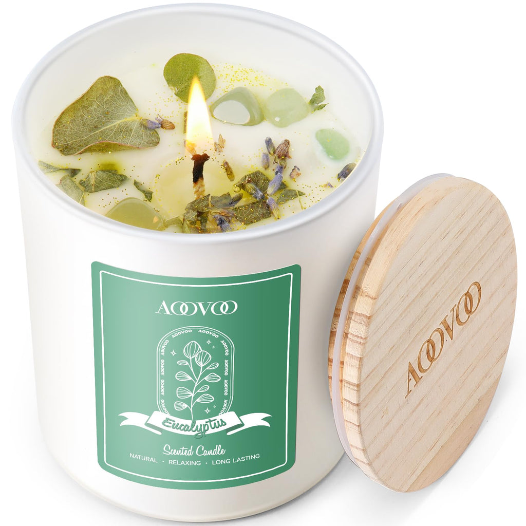 AOOVOO Eucalyptus Mint Soy Candle with Crystals - 10oz for Women