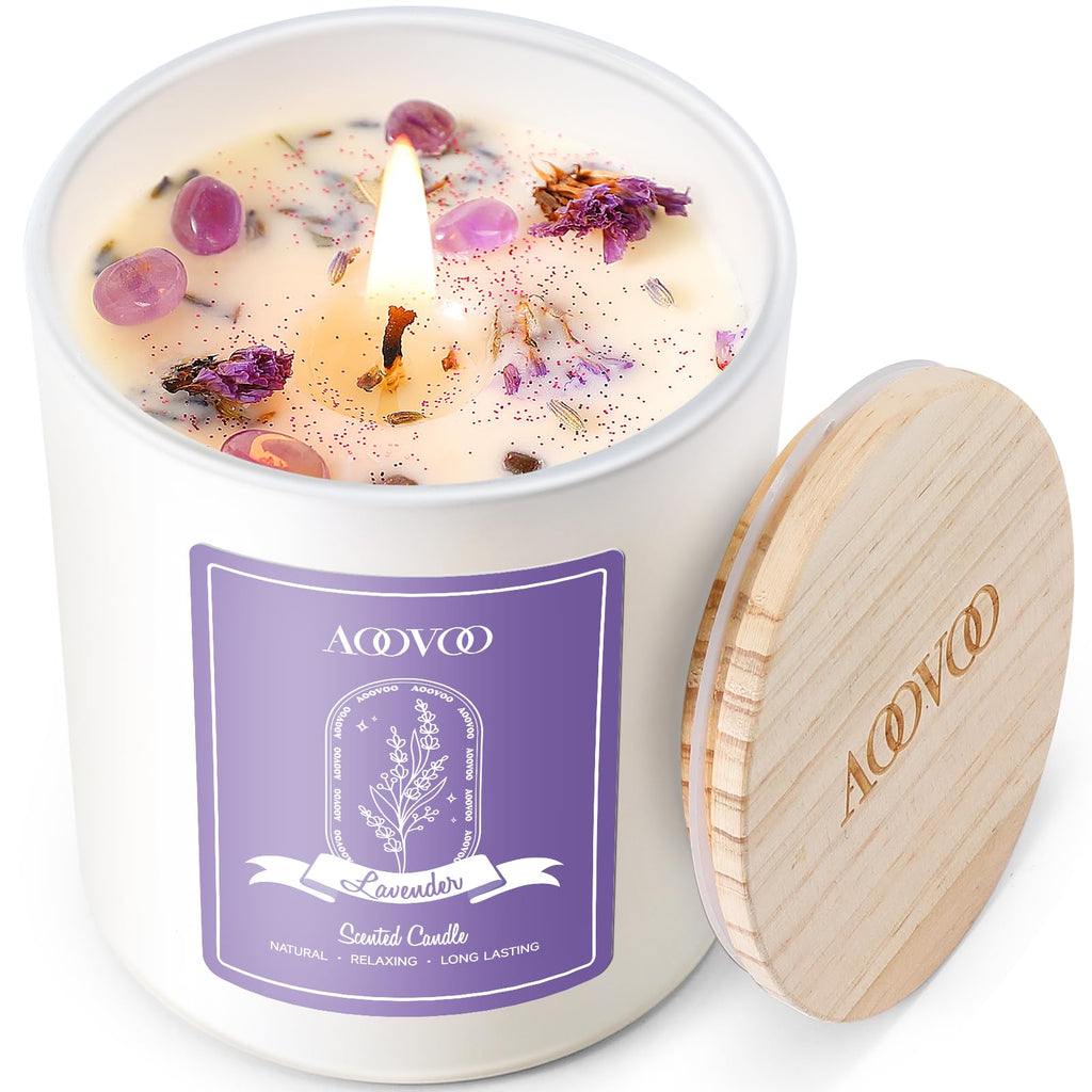 AOOVOO Lavender Scented Soy Candle for Women – Aromatherapy with Crystals, 10oz