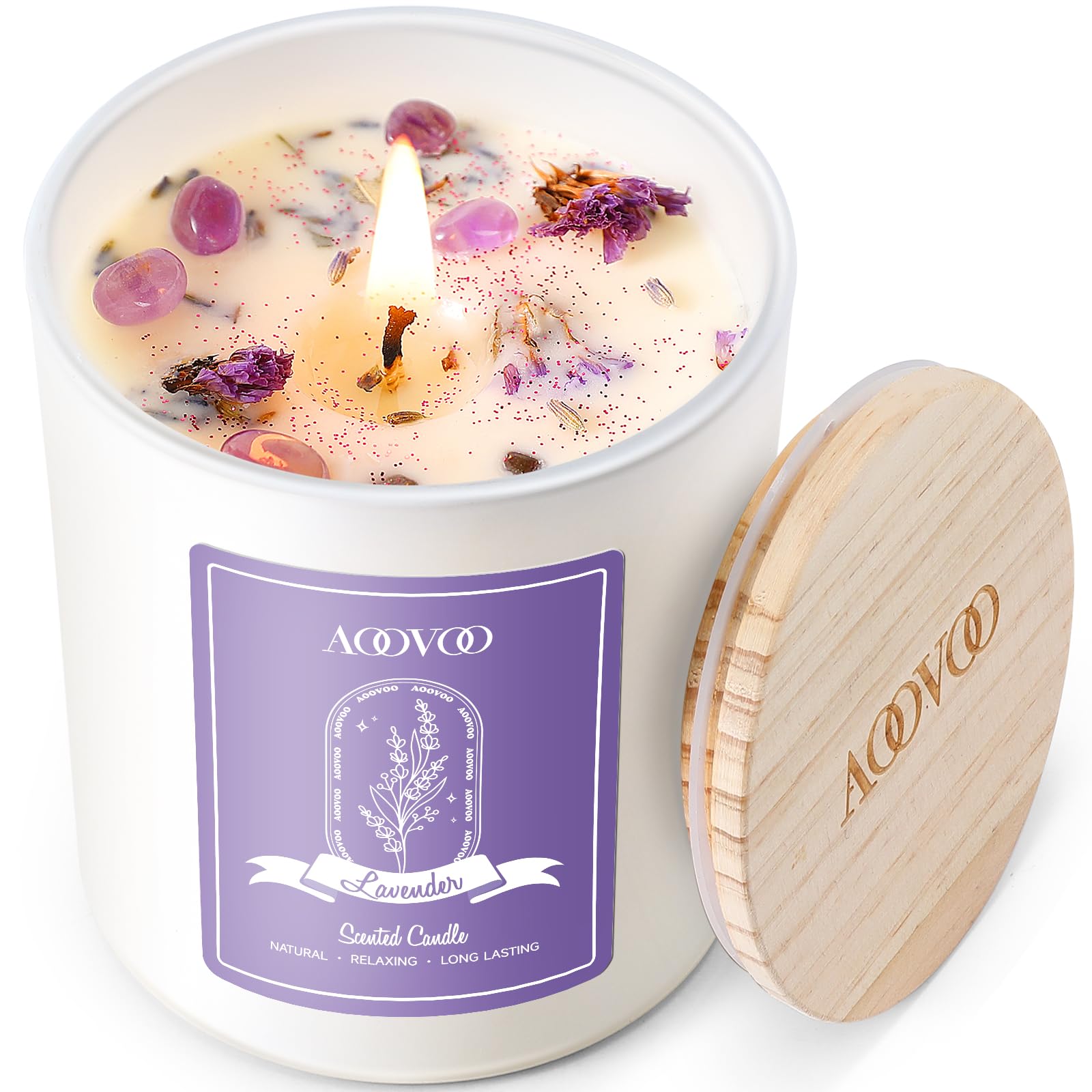 AOOVOO Lavender Scented Soy Candle for Women – Aromatherapy with Crystals, 10oz