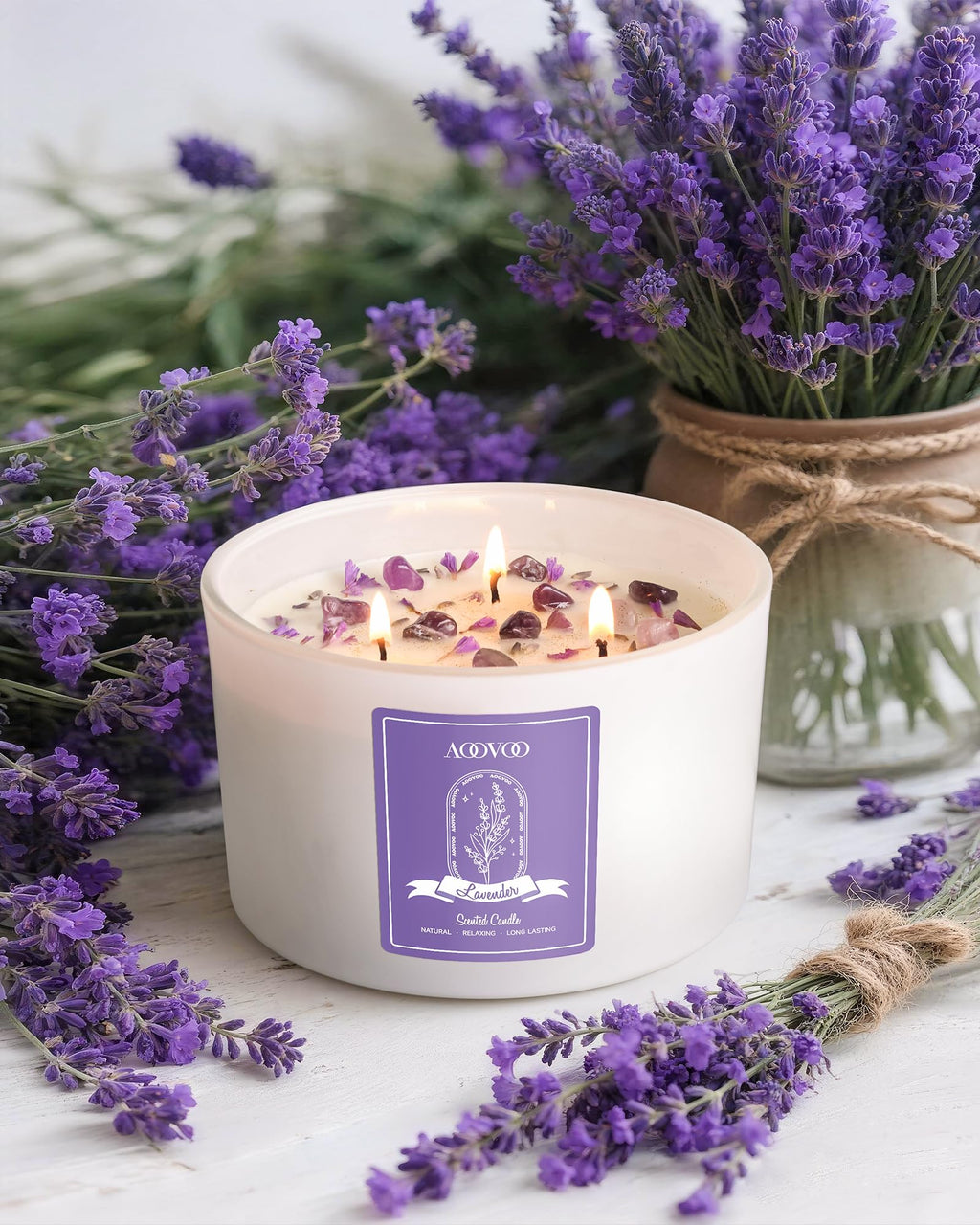 AOOVOO Lavender Scented Candles - 20oz 3-Wick Soy, Crystals Inside