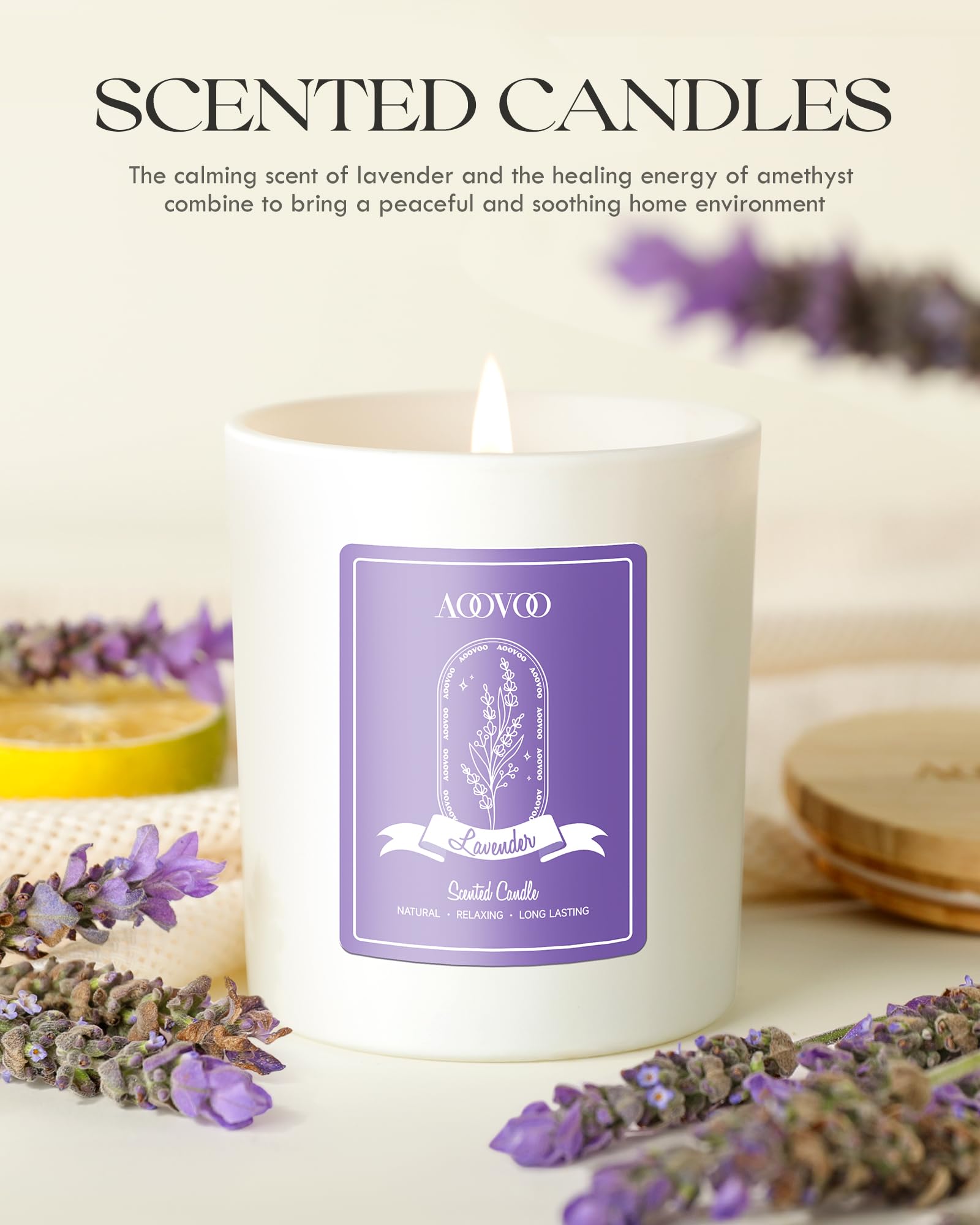 AOOVOO Lavender Scented Soy Candle for Women – Aromatherapy with Crystals, 10oz
