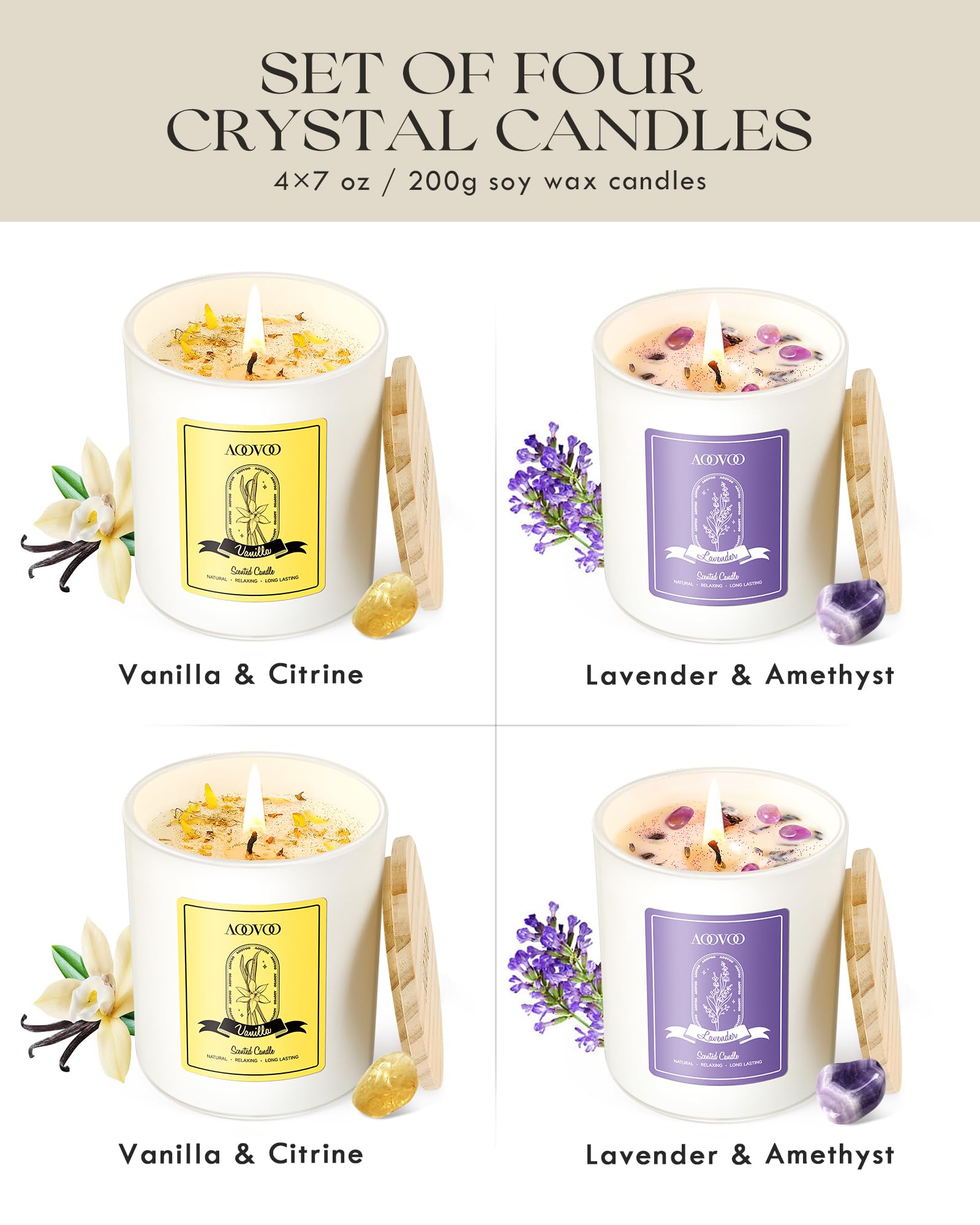 AOOVOO Lavender Candles Set - 4-Pack, 28 oz, 200 Hour Burn Time, Crystals Inside, Aromatherapy Gifts