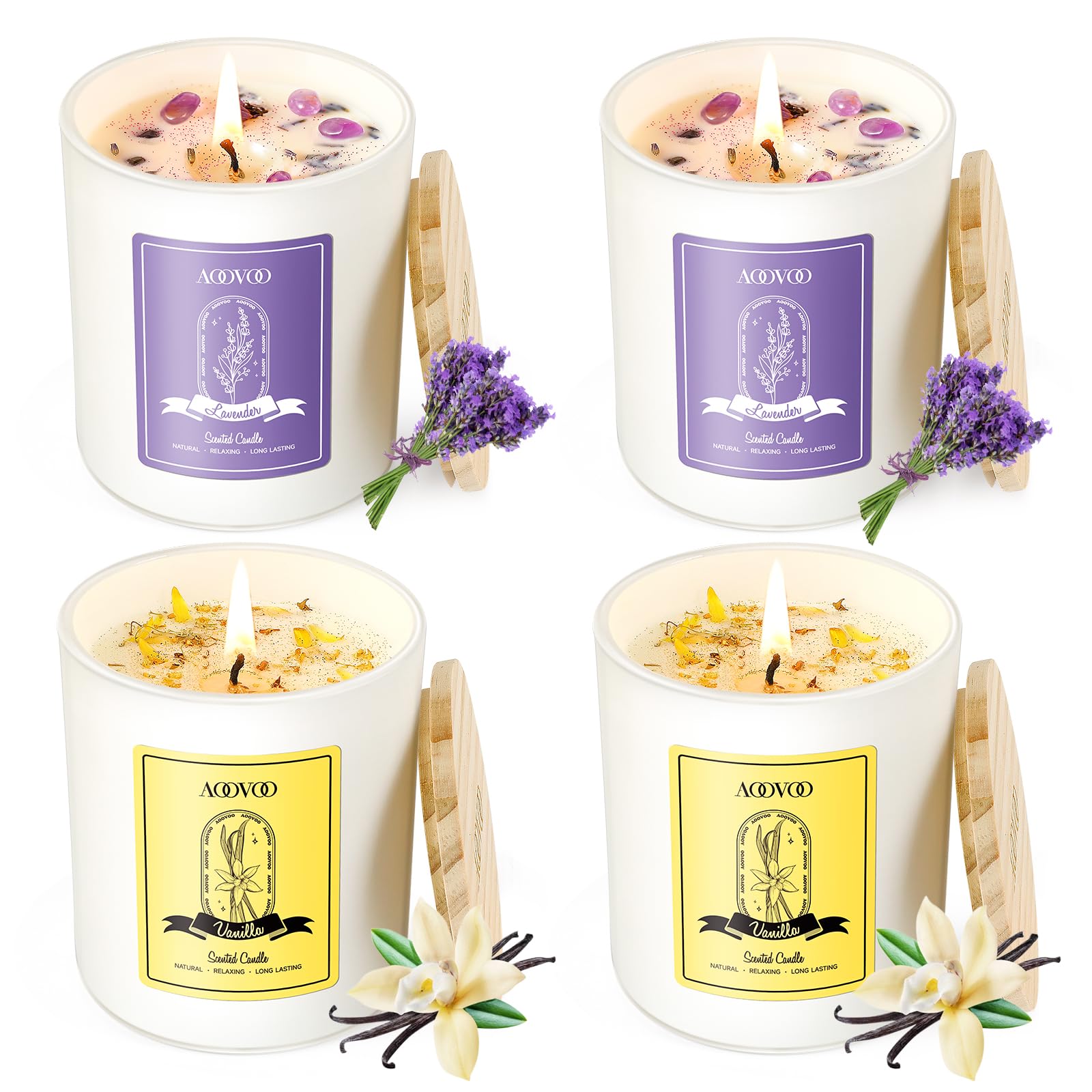 AOOVOO Lavender Candles Set - 4-Pack, 28 oz, 200 Hour Burn Time, Crystals Inside, Aromatherapy Gifts