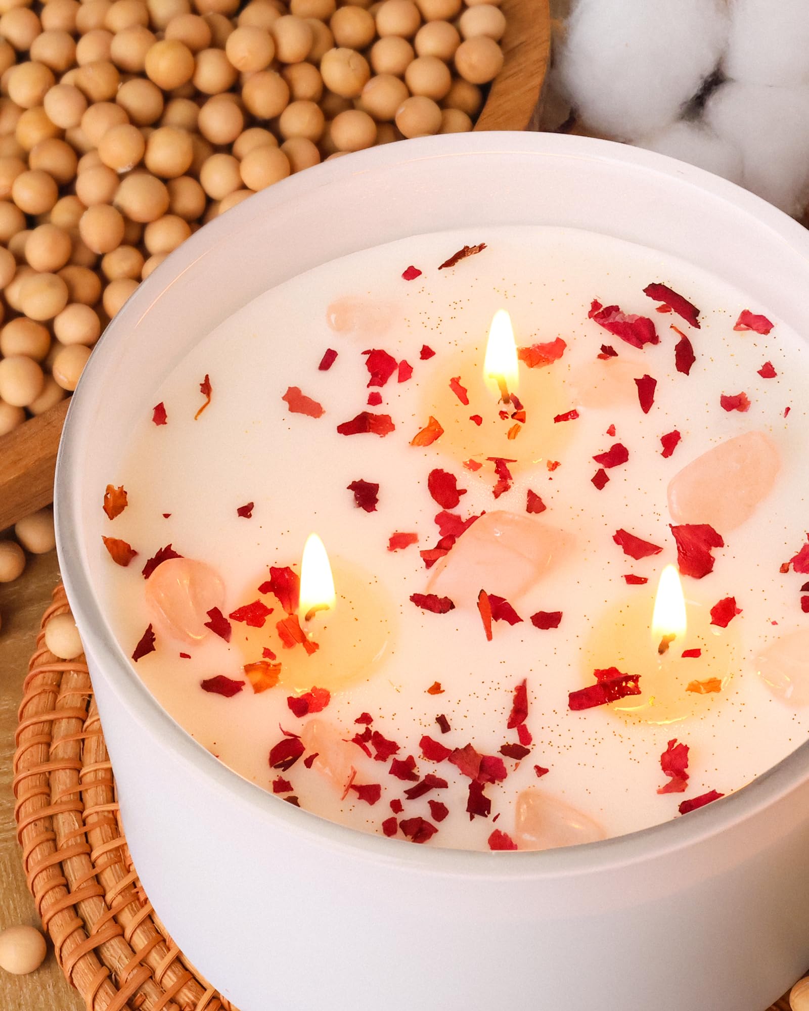 AOOVOO Rose Scented Candle – 20oz 3-Wick Soy Candle with Crystals | Aromatherapy Gift for Women