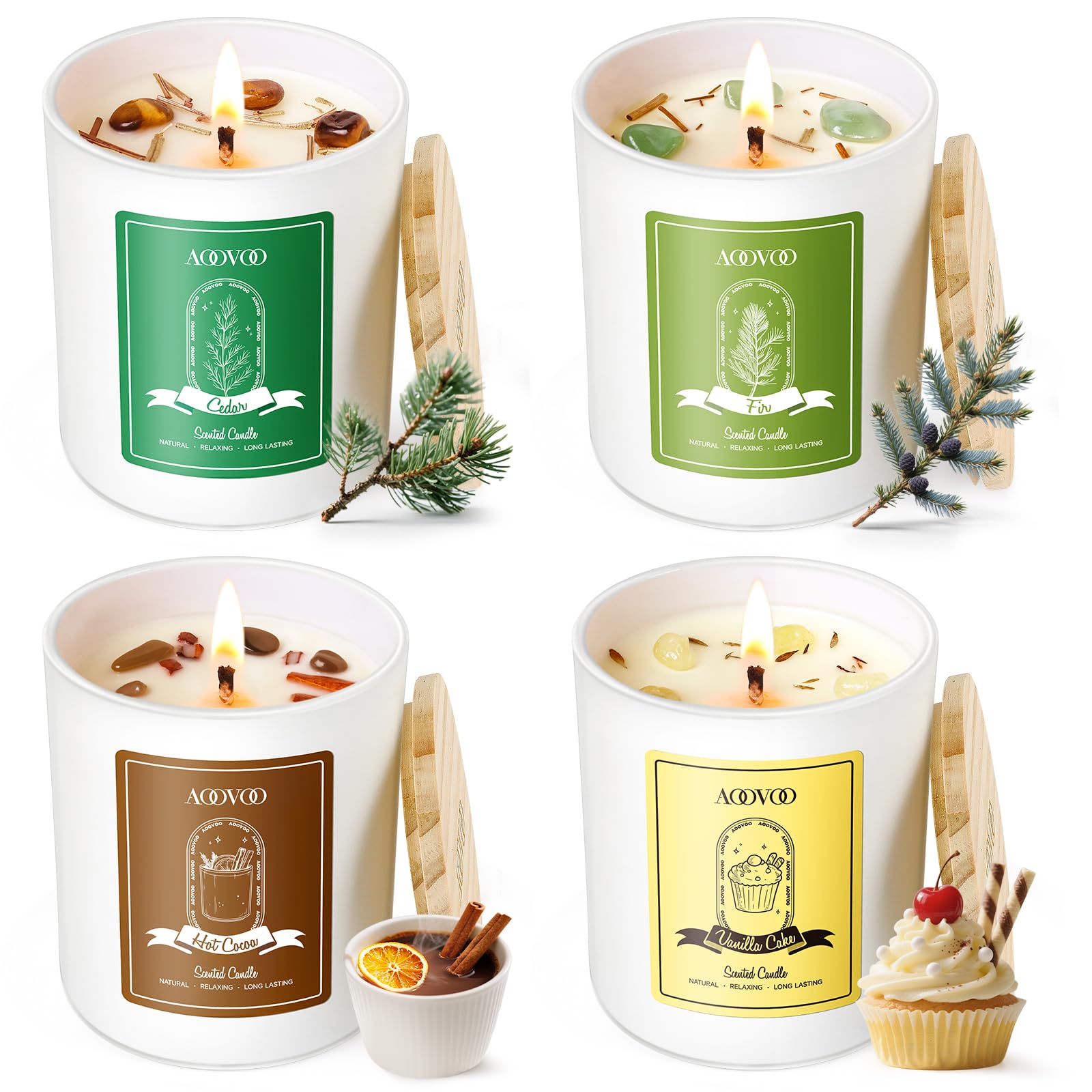 AOOVOO Winter Candles Set for Women – 4-Pack, 28 oz Total, Crystals & Dry Flowers, Cedarwood, Fir, Hot Cocoa, Vanilla Cake