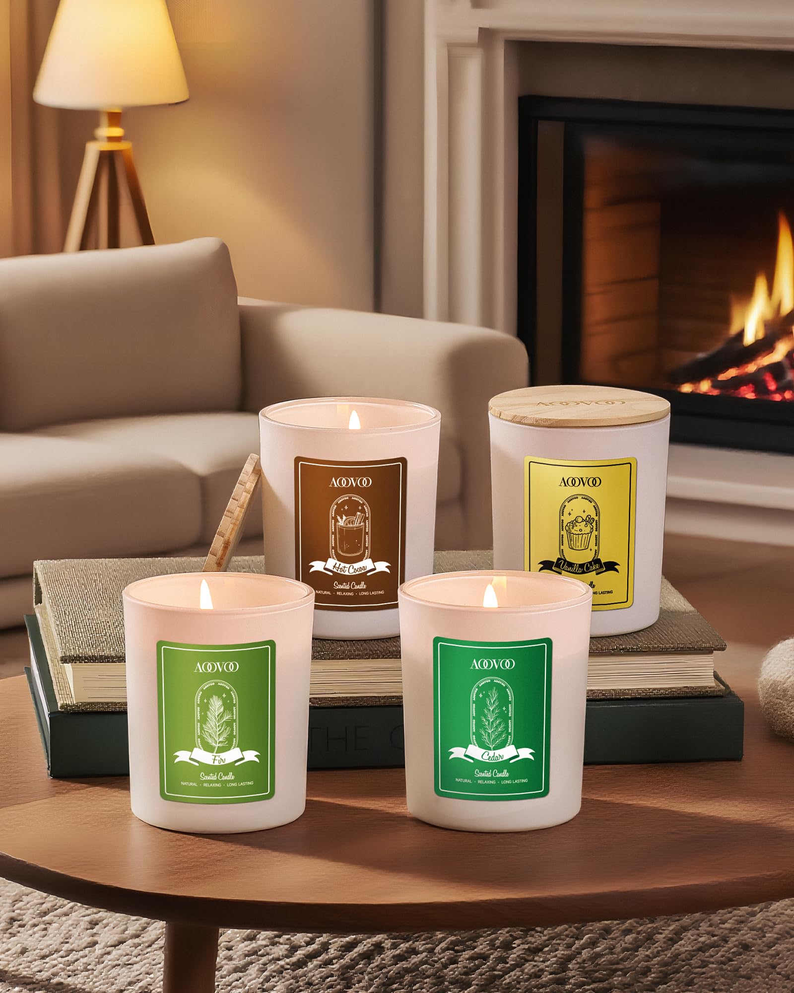 AOOVOO Winter Candles Set for Women – 4-Pack, 28 oz Total, Crystals & Dry Flowers, Cedarwood, Fir, Hot Cocoa, Vanilla Cake