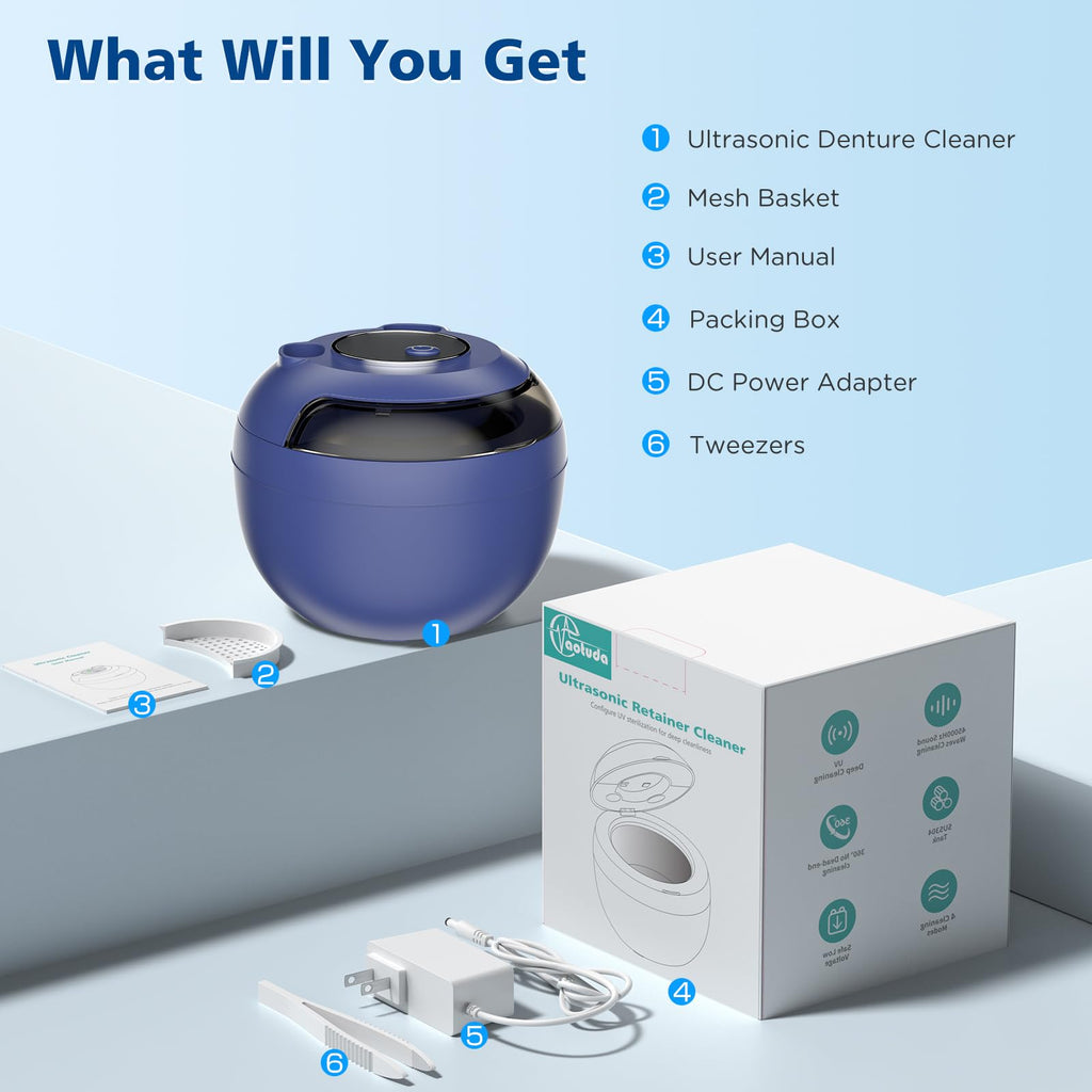 Aotuda 45kHz Ultrasonic Retainer Cleaner - 200ML Denture Cleaner, 4 Modes with Digital Timer (Navy Blue)