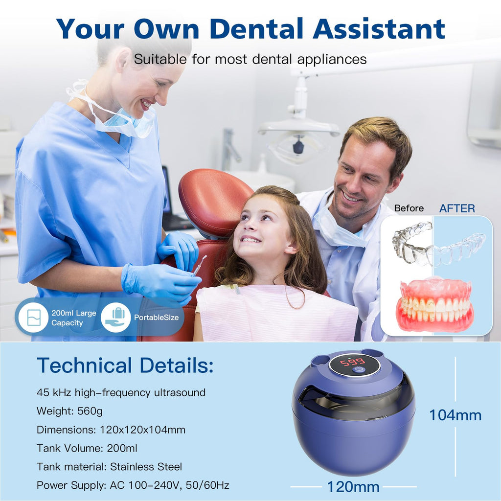 Aotuda 45kHz Ultrasonic Retainer Cleaner - 200ML Denture Cleaner, 4 Modes with Digital Timer (Navy Blue)
