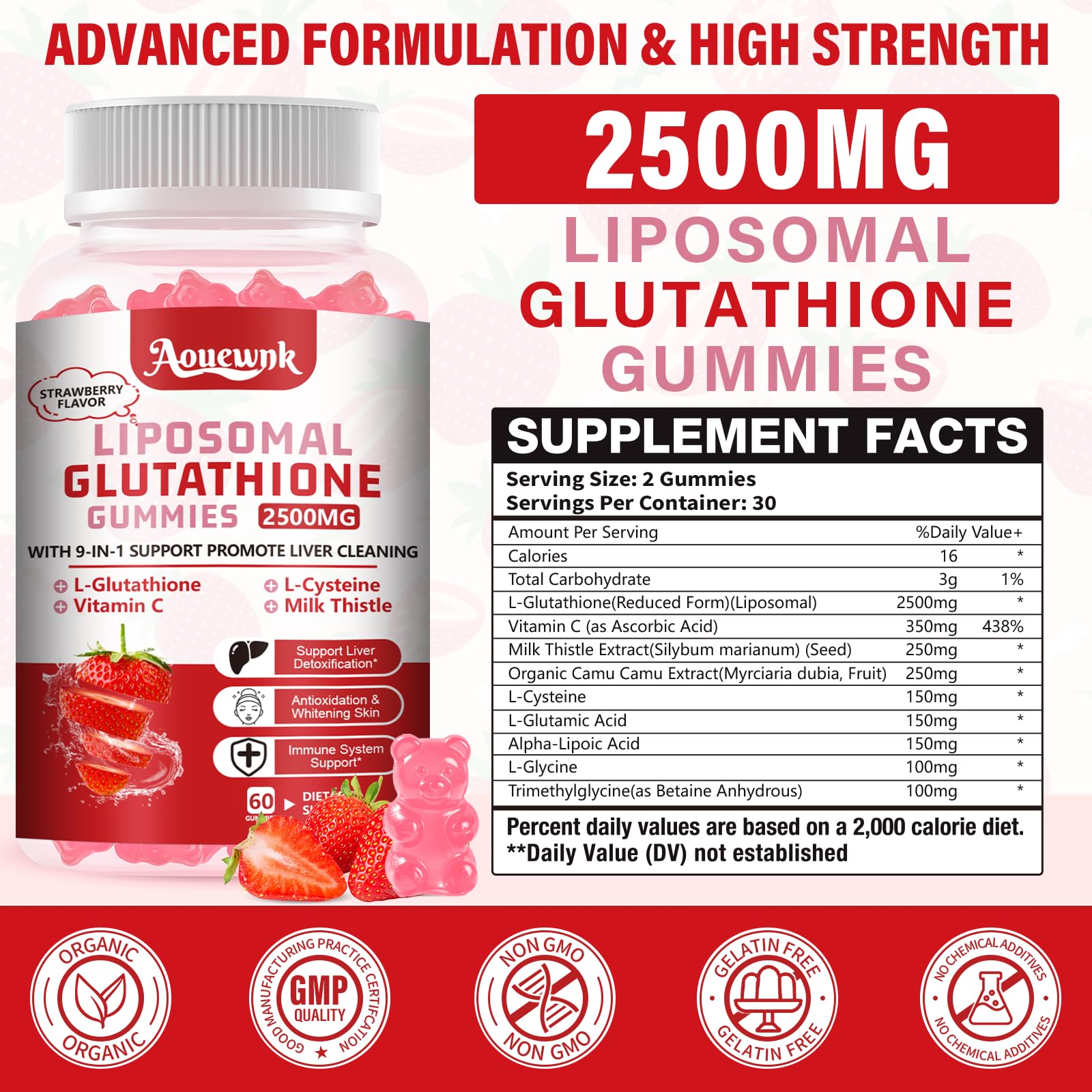 Aouewnk 2500mg Liposomal Glutathione Gummies – 98% Bioavailability, Skin & Liver Support, Immunity