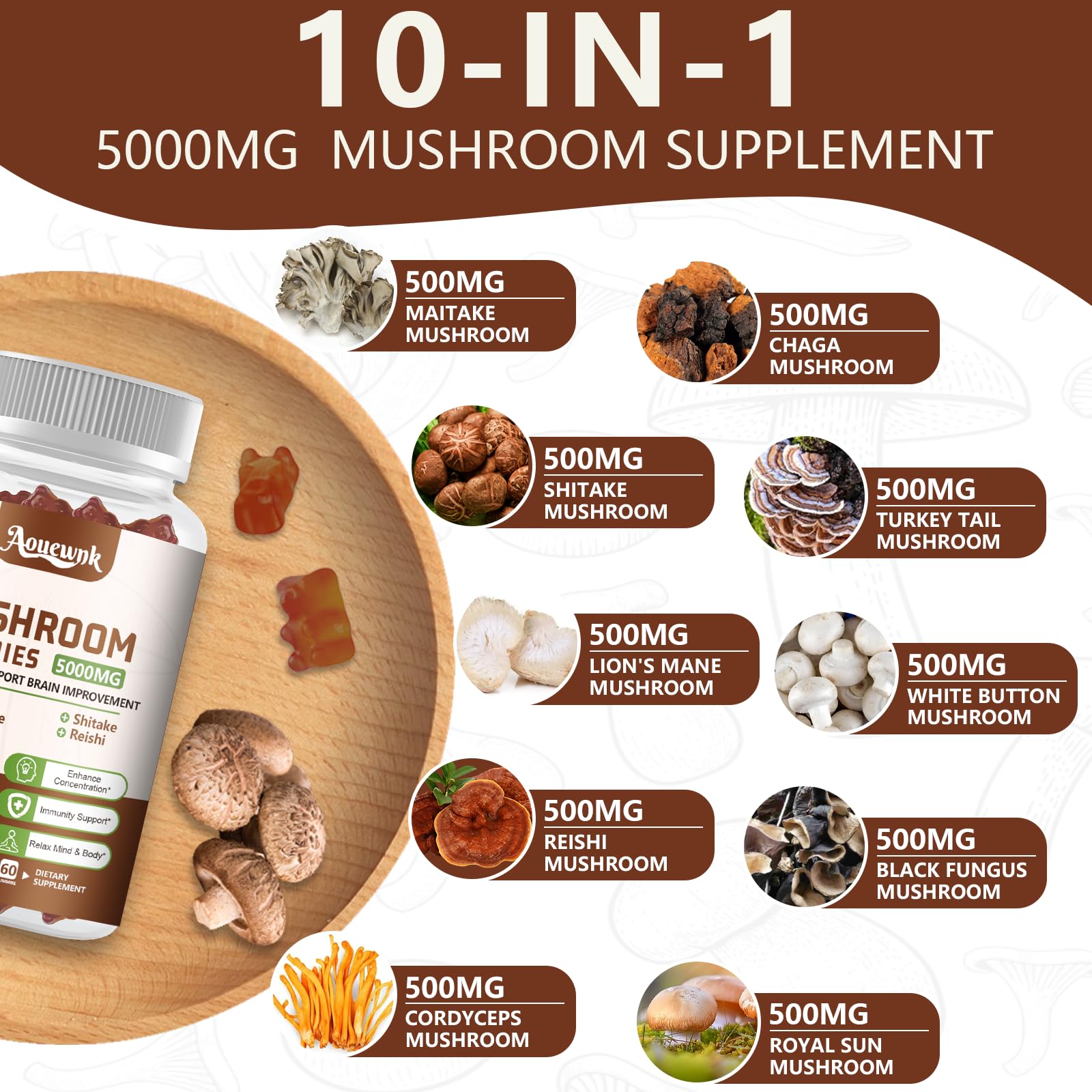 Aouewnk 2-Pack 5000MG Mushroom Gummies – 10-in-1 Brain & Immune Support