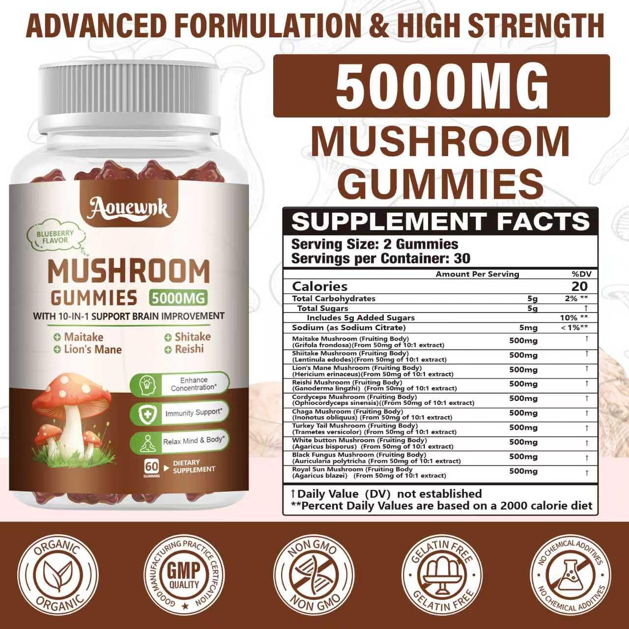 Aouewnk 2-Pack 5000MG Mushroom Gummies – 10-in-1 Brain & Immune Support