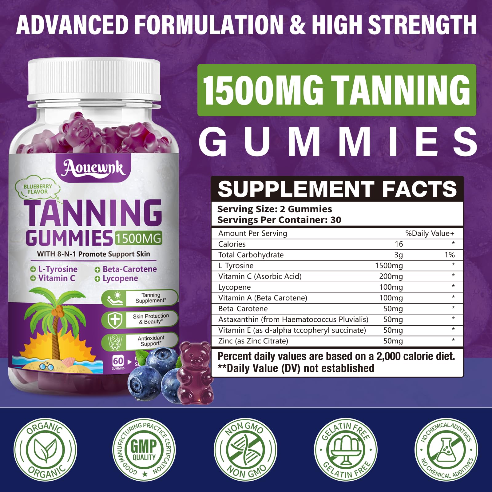 2 Packs 1500MG Tanning Gummies – Daily Tanning Supplement for Adults (Women & Men) | Aouewnk