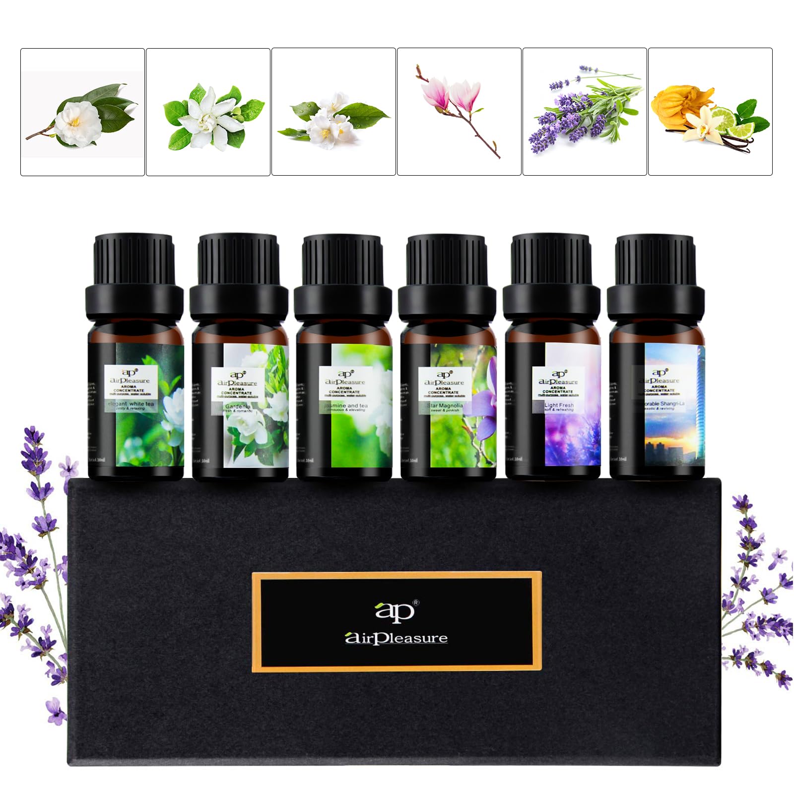 ap airpleasure Flower Essential Oils Set (6x10ml) – Gardenia, Magnolia, Shangri-La, Jasmine, White Tea, Lavender