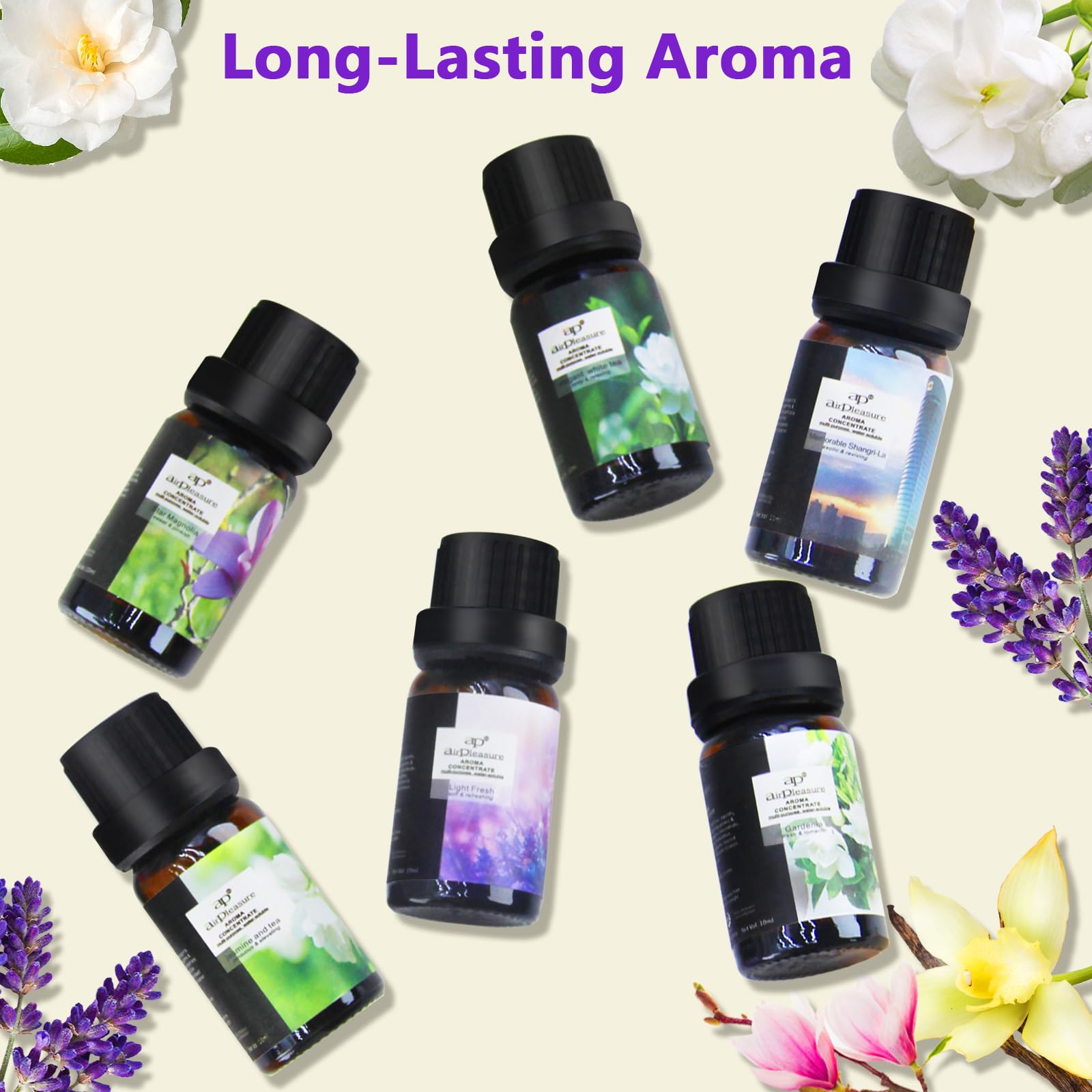 ap airpleasure Flower Essential Oils Set (6x10ml) – Gardenia, Magnolia, Shangri-La, Jasmine, White Tea, Lavender