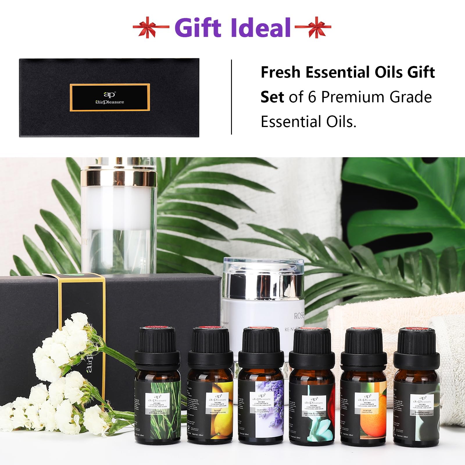 ap airpleasure Refresh Essential Oils Set — 6x10ml for Diffuser, Humidifier & Aromatherapy