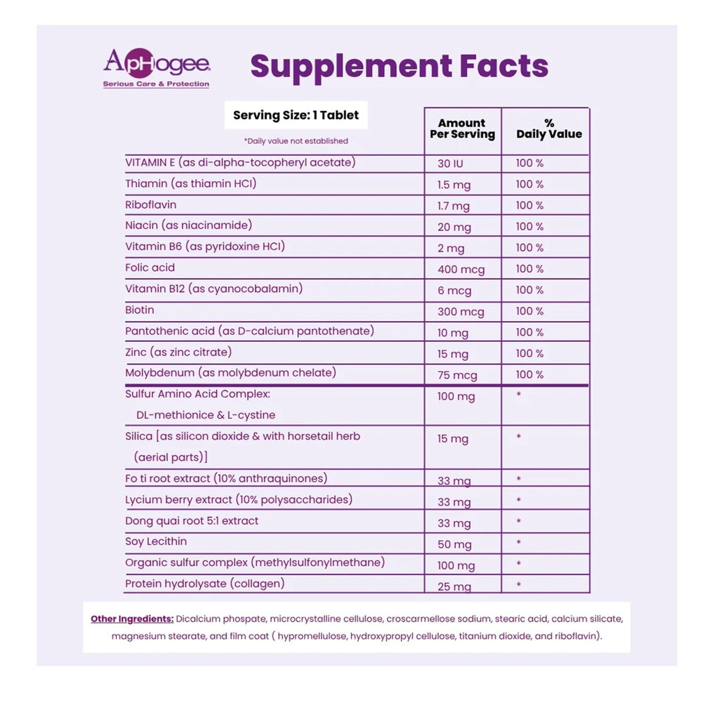 ApHogee Vitamin Hair Supplement - Healthy Hair, 30 Tablets